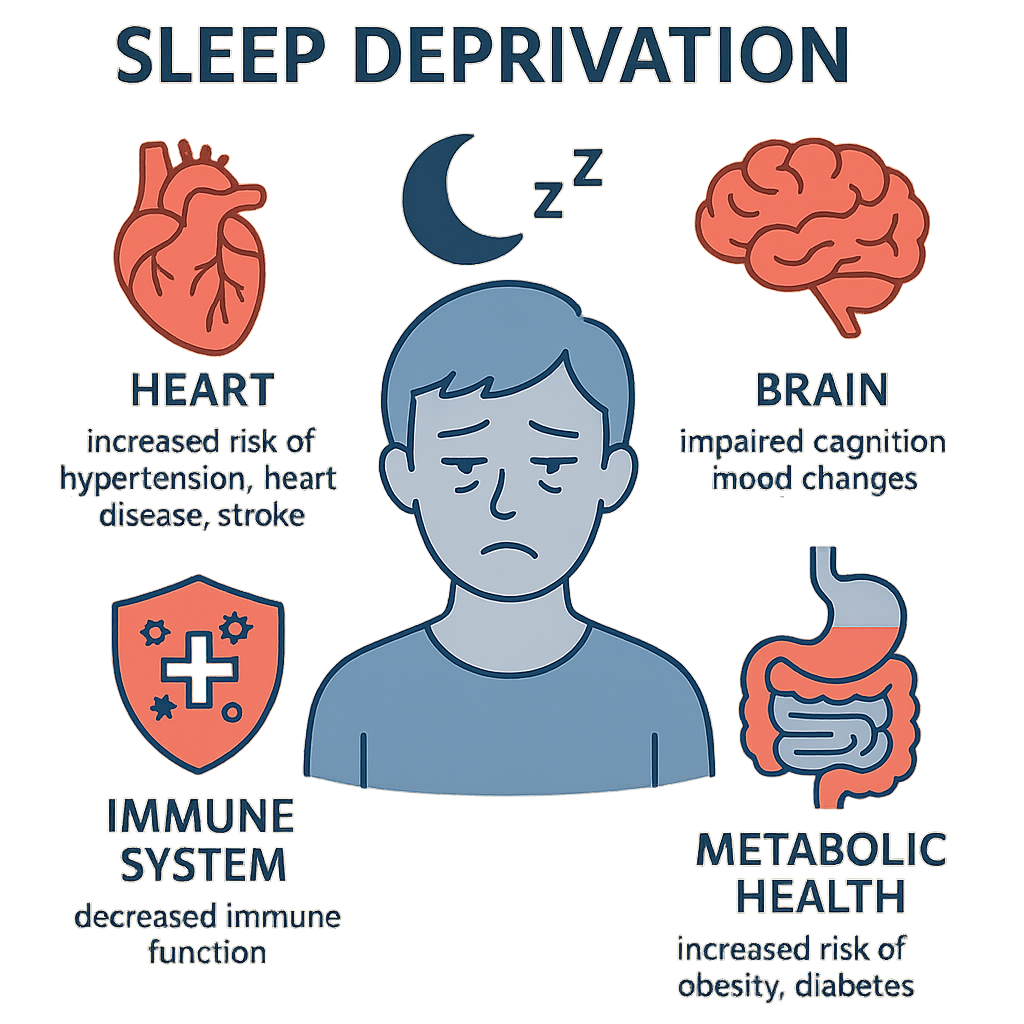 Infographic showing various health systems affected by sleep deprivation including heart, brain, immune system, and metabolic health, clean medical illustration style with icons