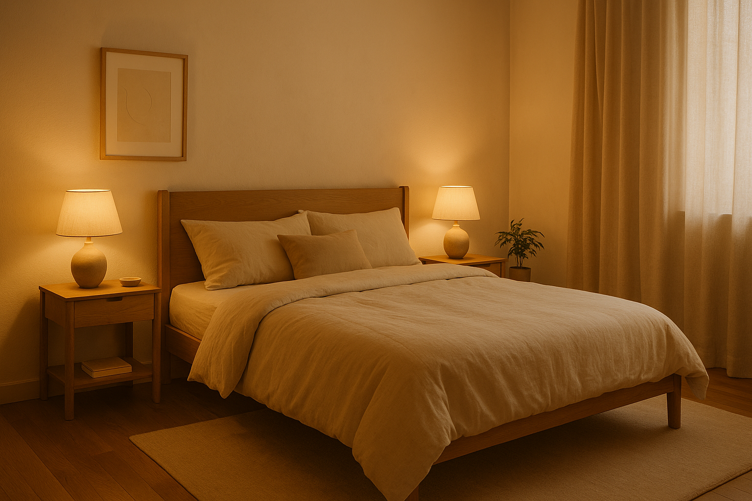 Peaceful bedroom environment with comfortable bed, soft ambient lighting, minimalist decor, promoting restful sleep, warm and inviting atmosphere
