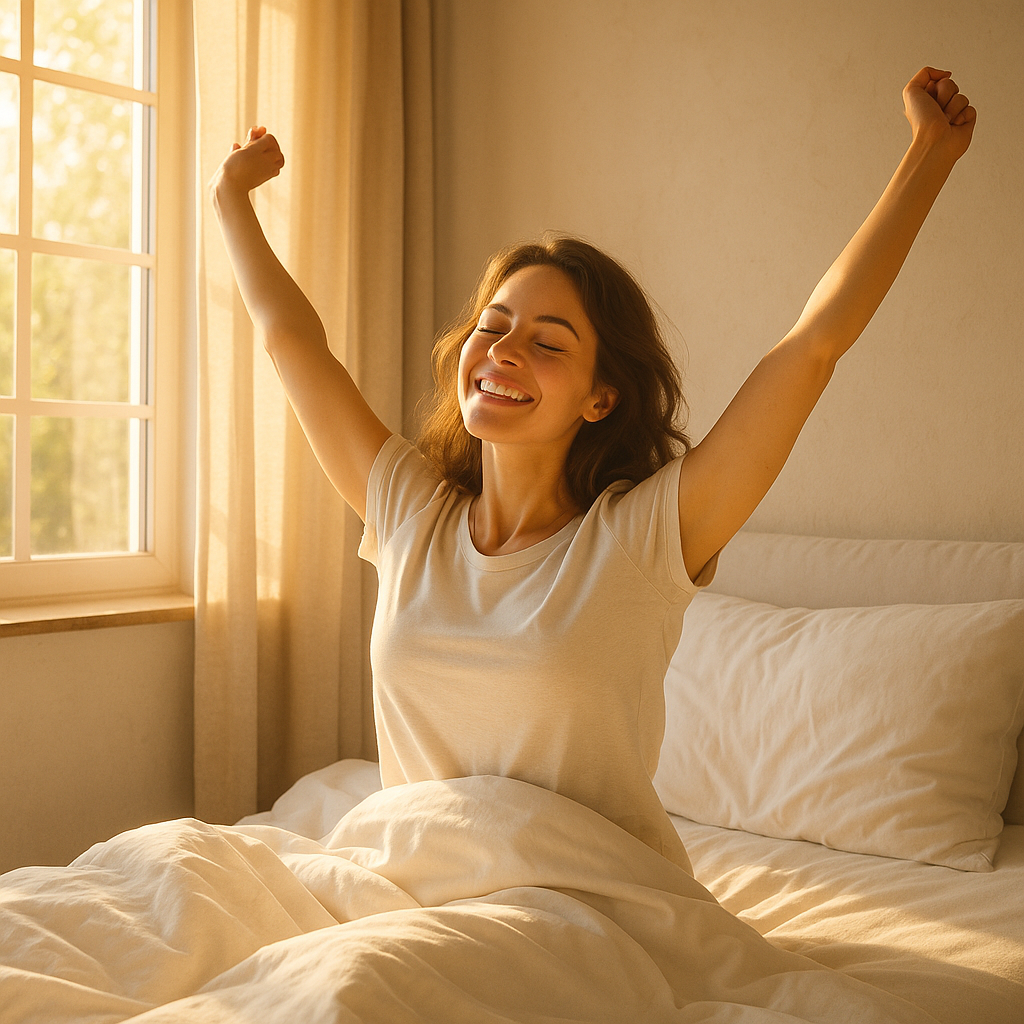 Person waking up refreshed and stretching in bed with morning sunlight streaming through window, peaceful and energized expression, bright and optimistic mood