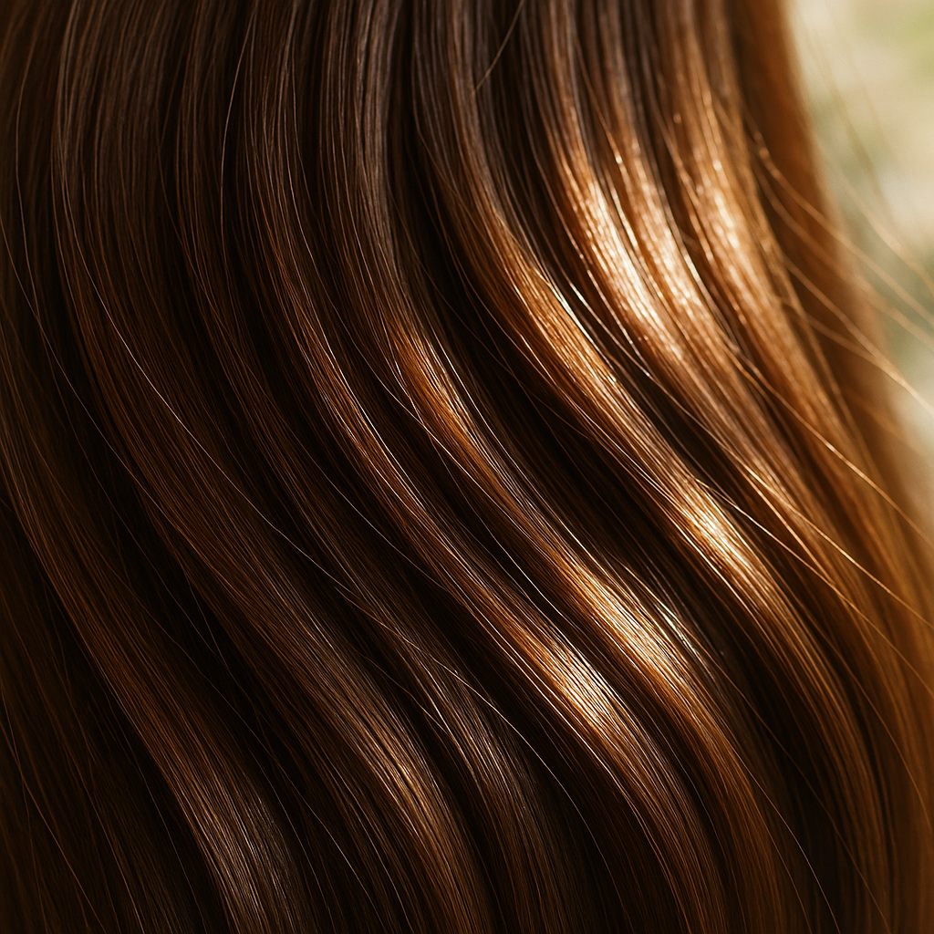 Close-up of healthy, shiny hair strands with natural light, showing thickness and vitality, representing optimal hair health and nutrition