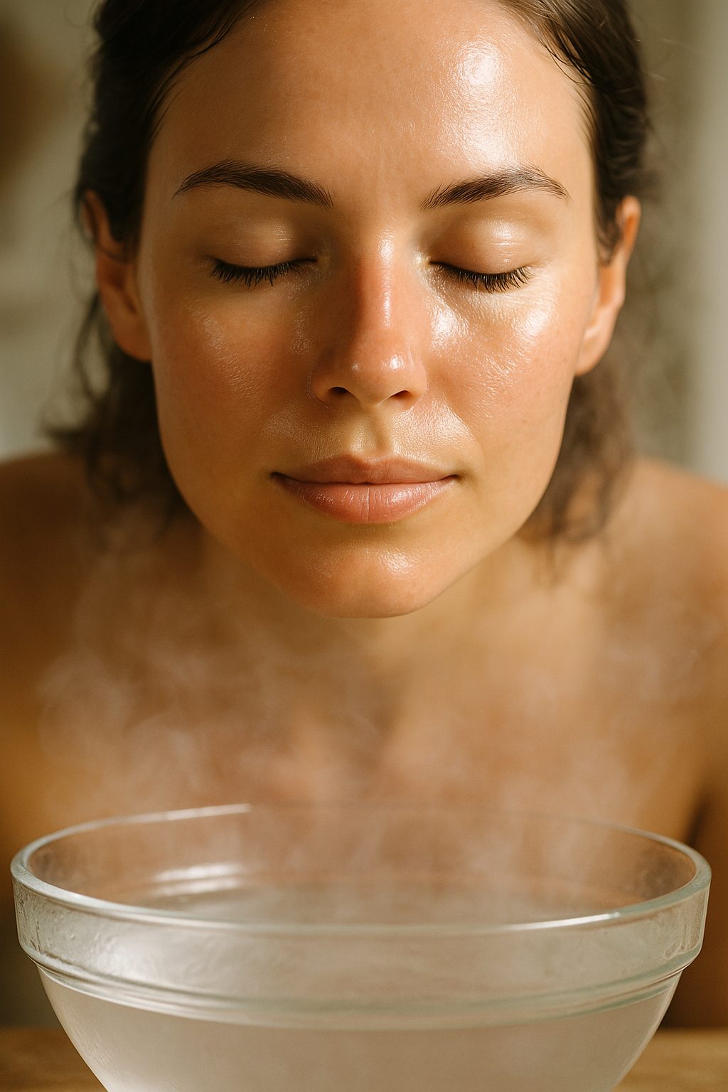 Close-up of a person's face above a bowl of steaming water, soft steam rising gently, calm and serene spa-like atmosphere, natural lighting, focus on healthy glowing skin