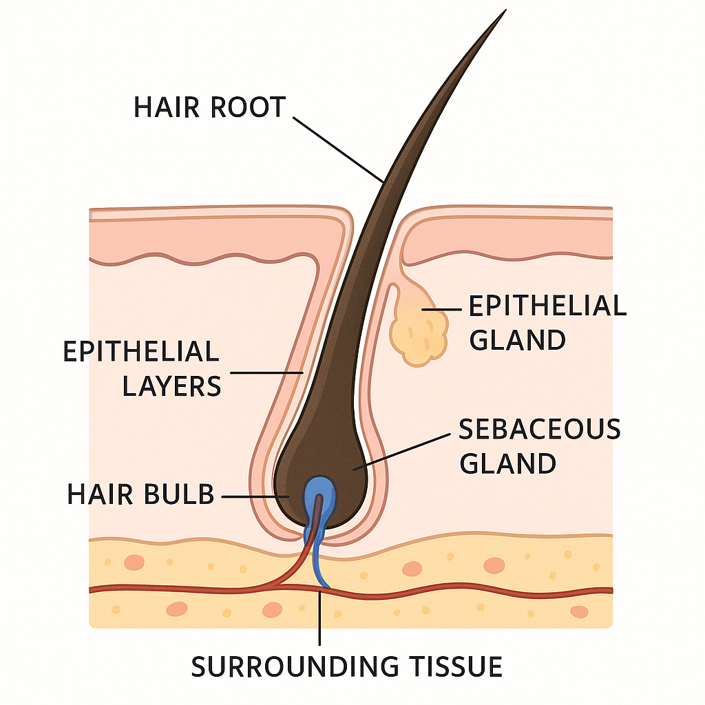 Scientific illustration showing hair follicle cross-section with visible roots and cellular structure, educational diagram style with clean background