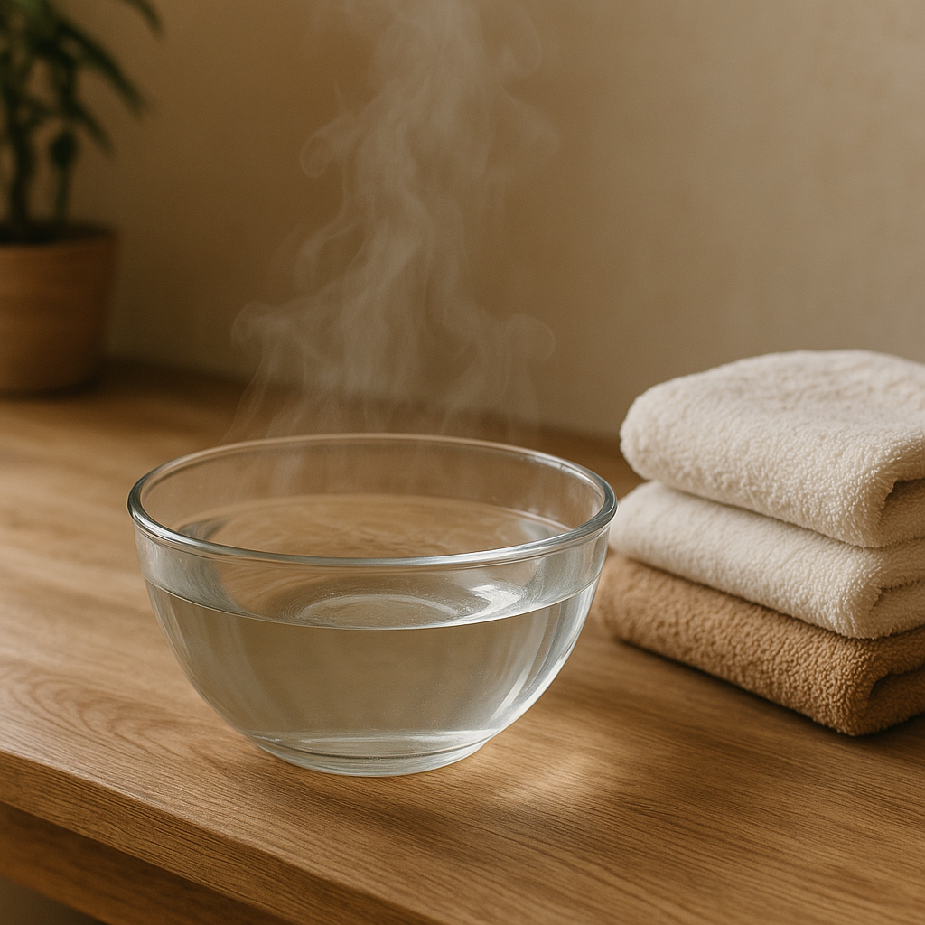 A glass bowl filled with hot water producing gentle steam, placed on a wooden table with soft towels nearby, warm and inviting spa setting, neutral tones and natural materials