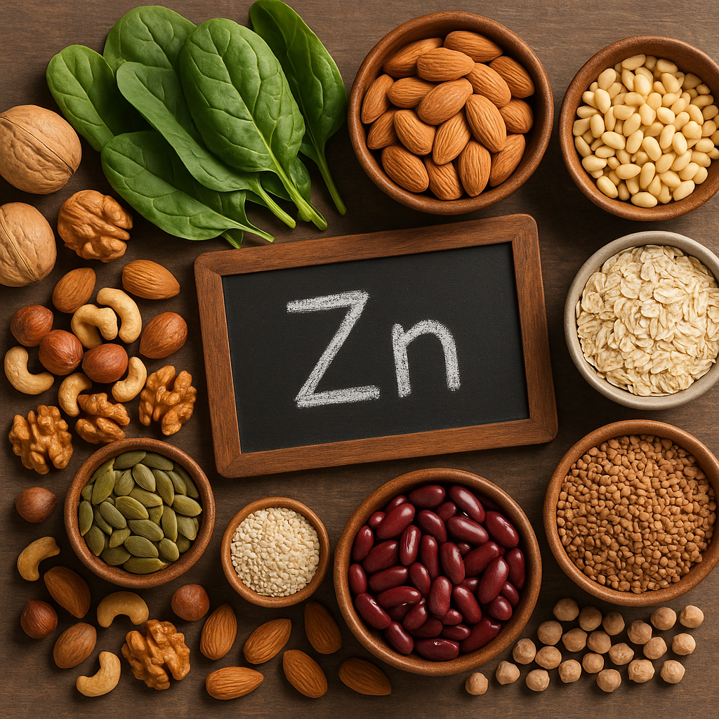 Overhead view of zinc-rich foods arranged on a table including spinach, nuts, seeds, legumes, and whole grains, natural lighting, nutritional concept