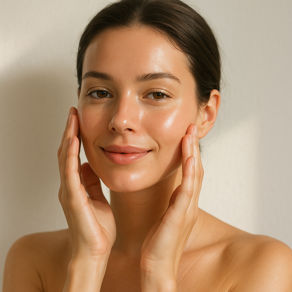 A woman with clear, glowing skin gently touching her face with both hands, soft natural light, fresh and healthy complexion, clean and minimal background