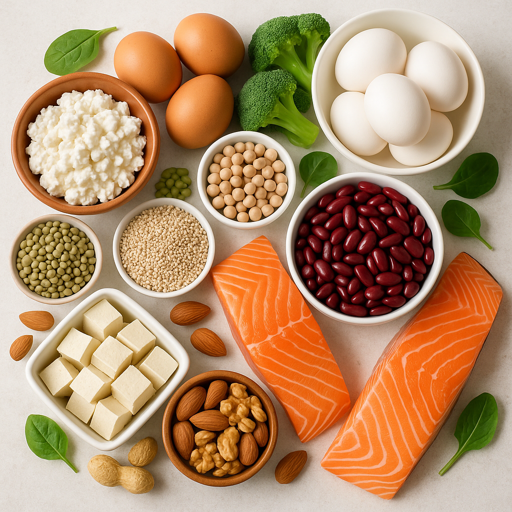 Variety of protein-rich foods including eggs, fish, legumes, tofu, and nuts arranged artfully, bright and fresh appearance, health and nutrition theme