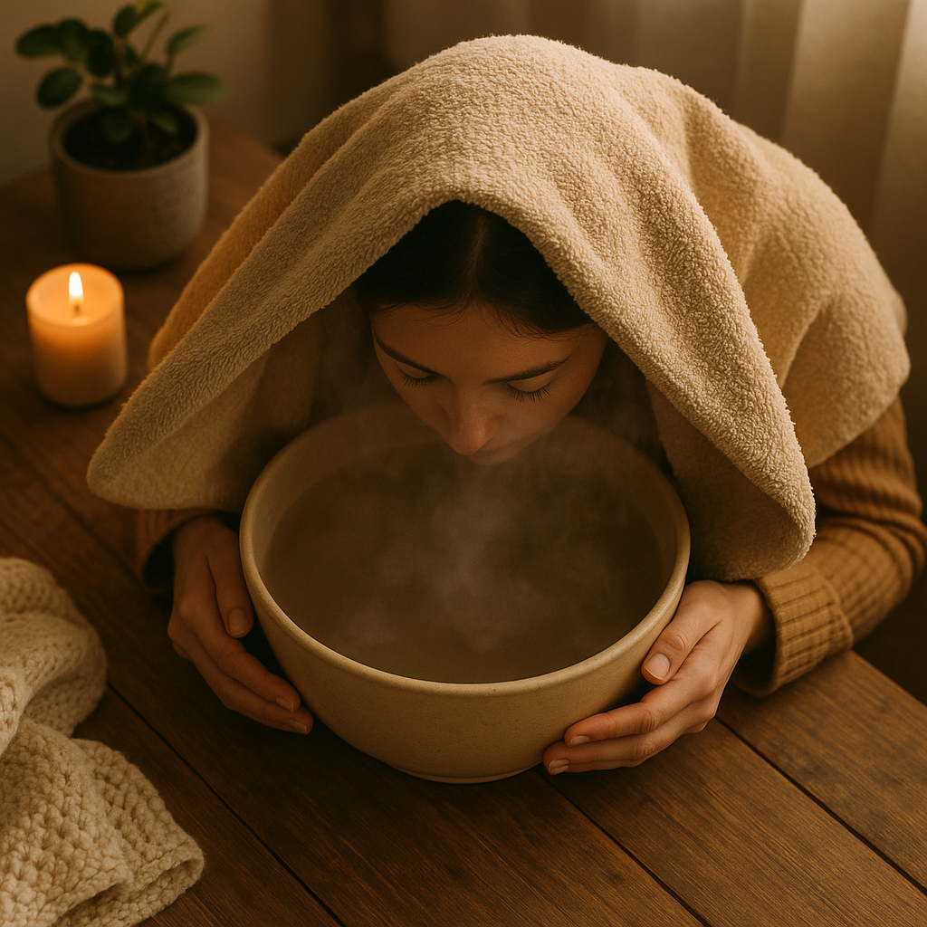 Top-down view of a person leaning over a steaming bowl with a towel draped over their head, cozy home environment, soft lighting, peaceful self-care moment