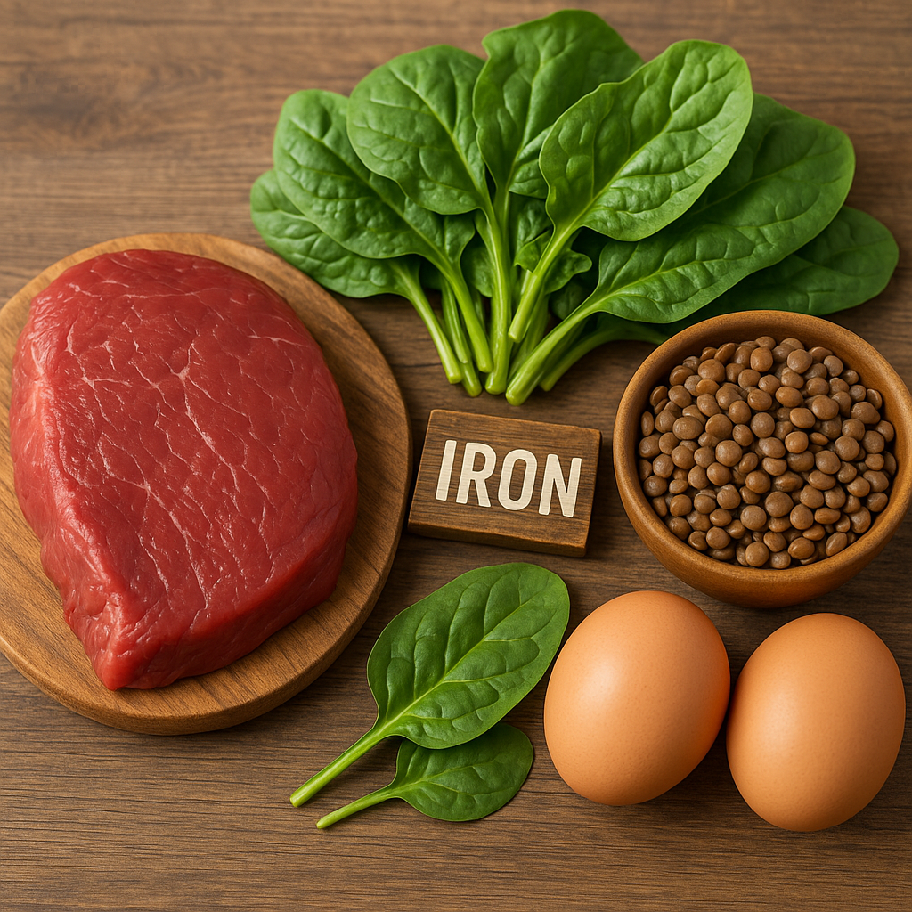 Selection of iron-rich foods including red meat, spinach, lentils, and eggs on a wooden surface, natural composition, nutritional wellness concept
