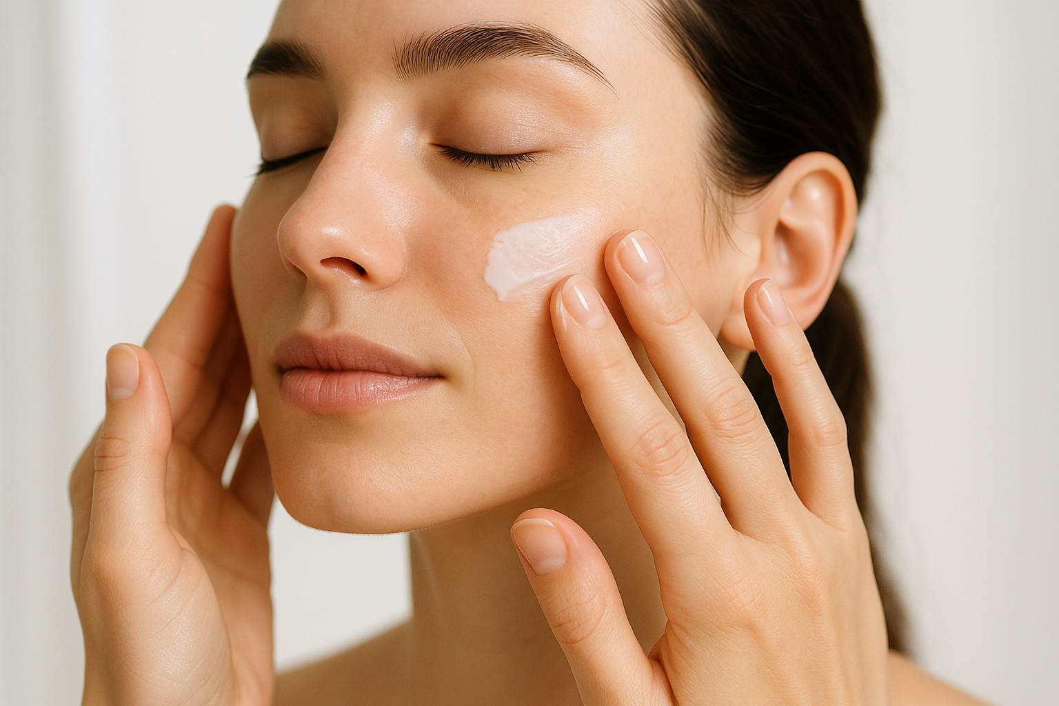 Hands gently applying moisturizer to a woman's face, close-up shot, bright and clean aesthetic, focus on skincare application, soft and natural lighting