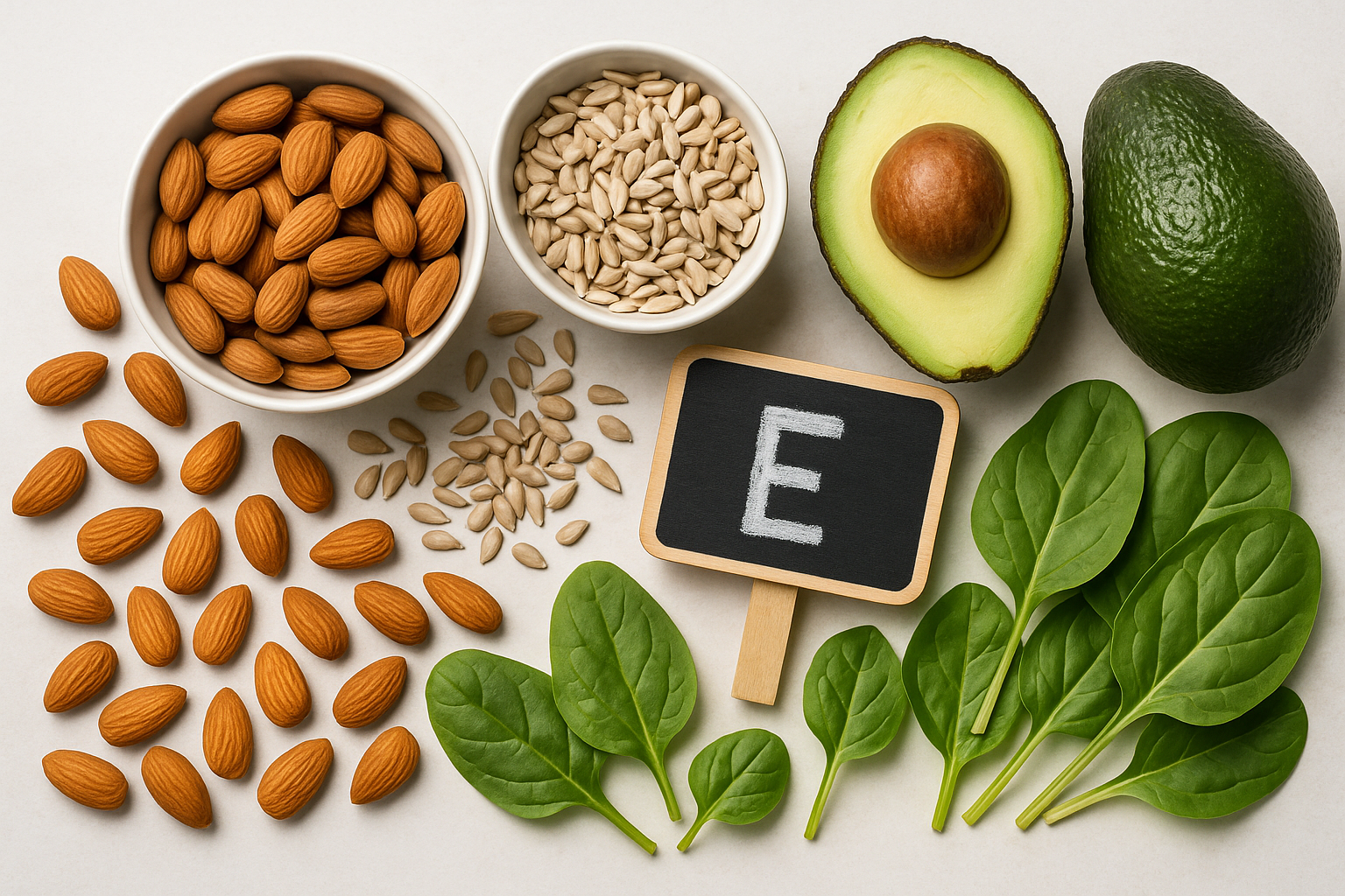 Assortment of vitamin E-rich foods including almonds, sunflower seeds, avocado, and spinach arranged on a light surface, fresh and appealing presentation