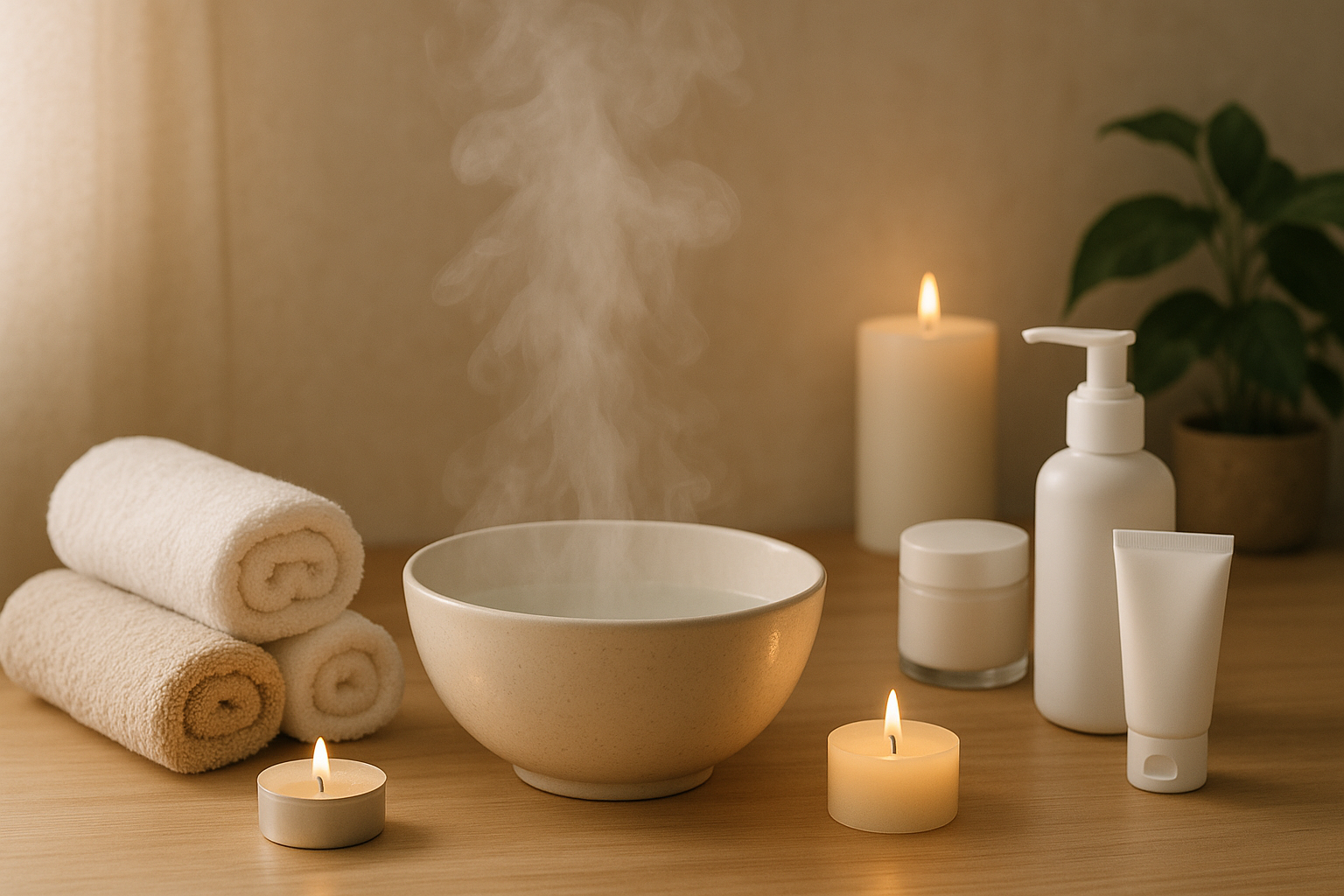 A serene home spa setup with a steaming bowl, clean towels, skincare products neatly arranged, candles glowing softly, calm and inviting atmosphere, emphasizing self-care and relaxation