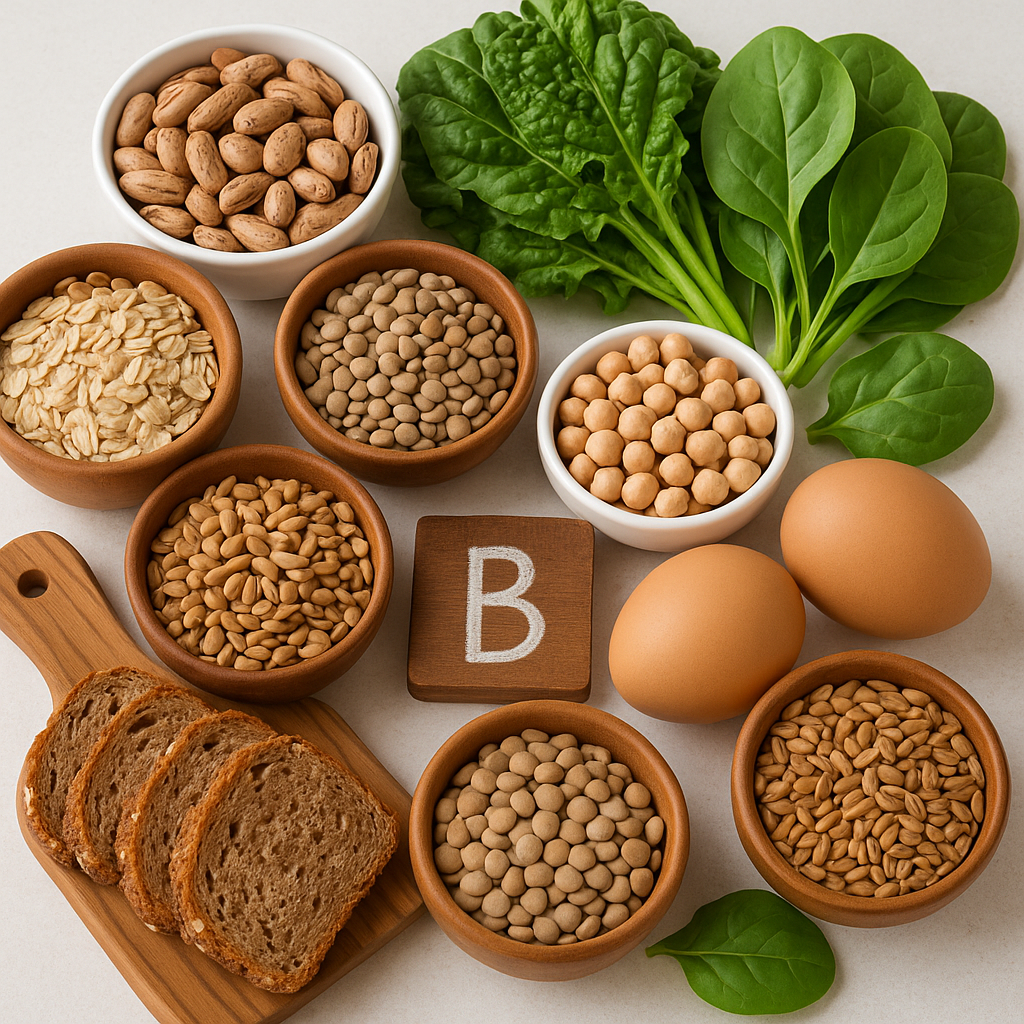 Variety of B-vitamin rich foods including whole grains, eggs, leafy greens, and legumes displayed together, clean and organized presentation, nutrition concept