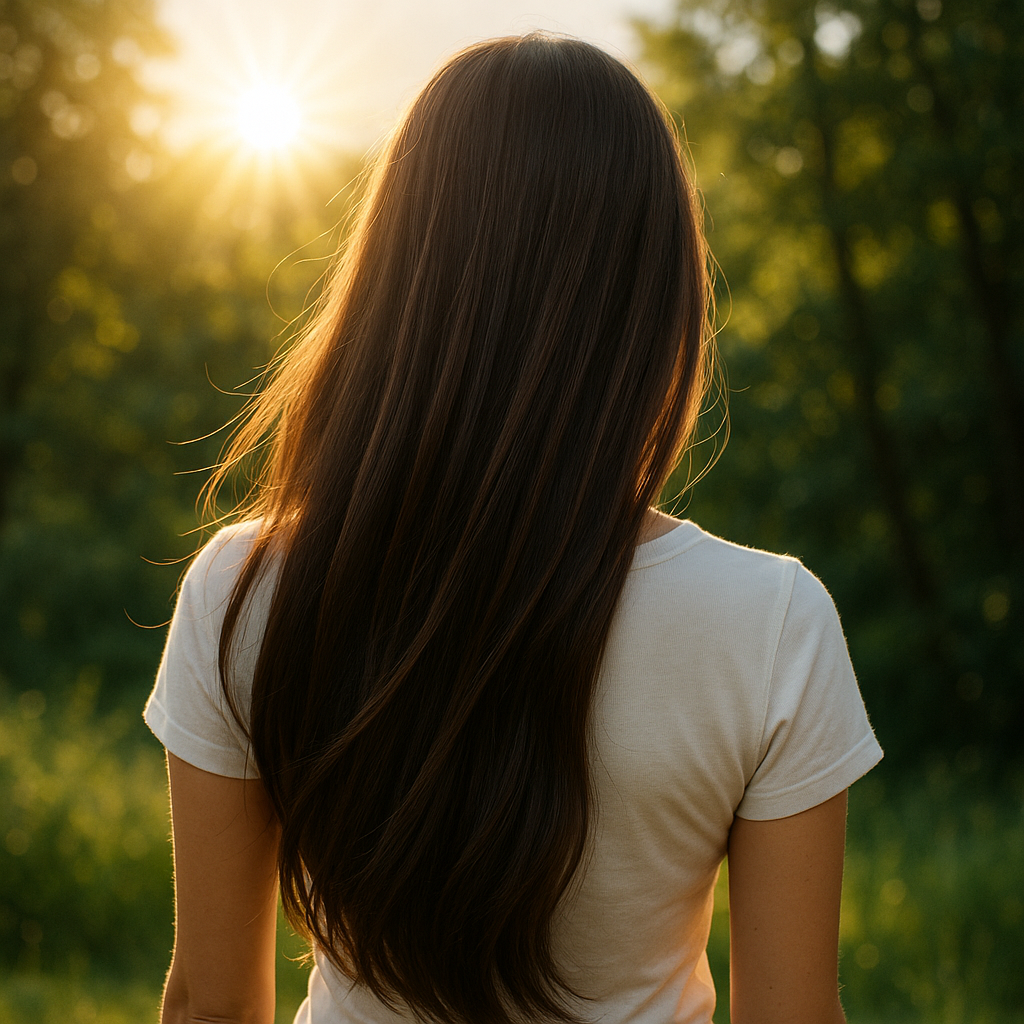 Person with healthy hair standing in natural sunlight outdoors, back view showing hair catching the light, representing vitamin D production and natural wellness