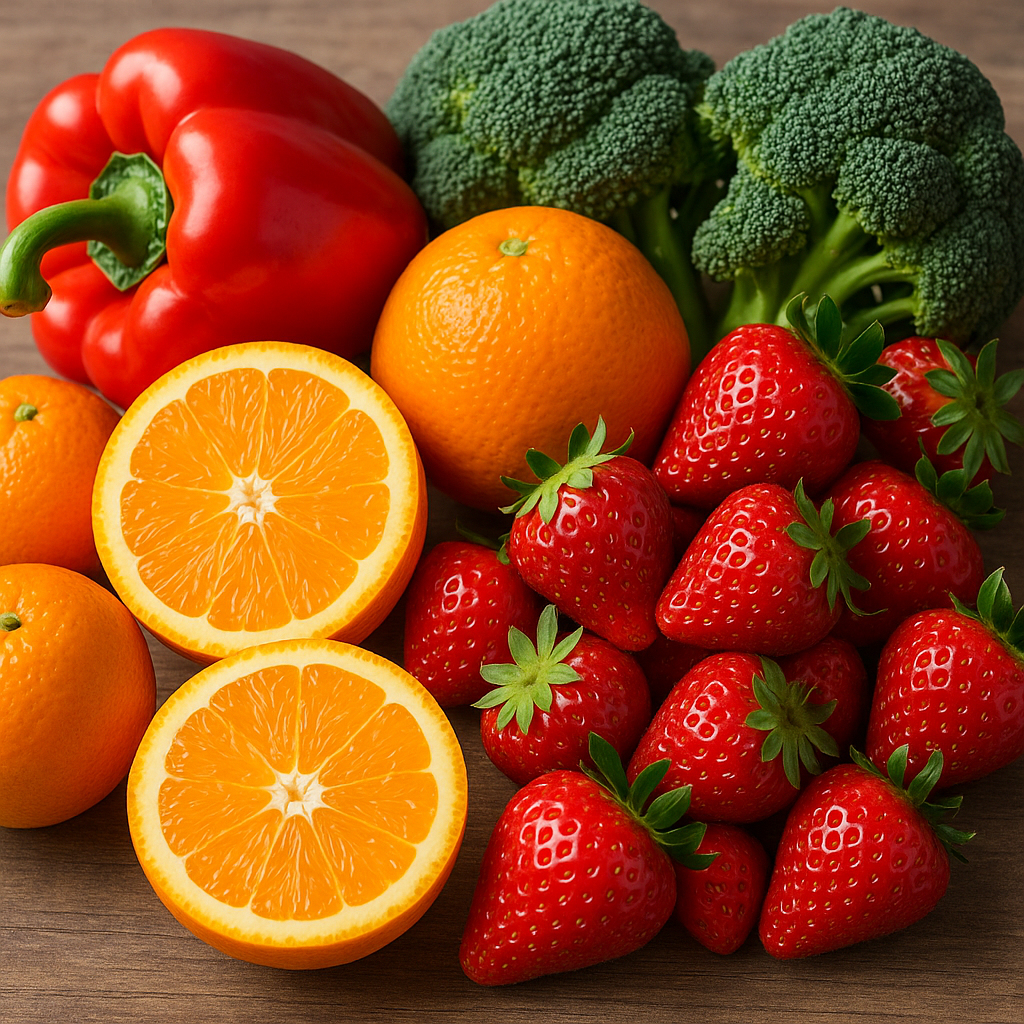 Fresh vitamin C-rich fruits and vegetables including oranges, strawberries, bell peppers, and broccoli, bright and colorful arrangement, healthy eating concept