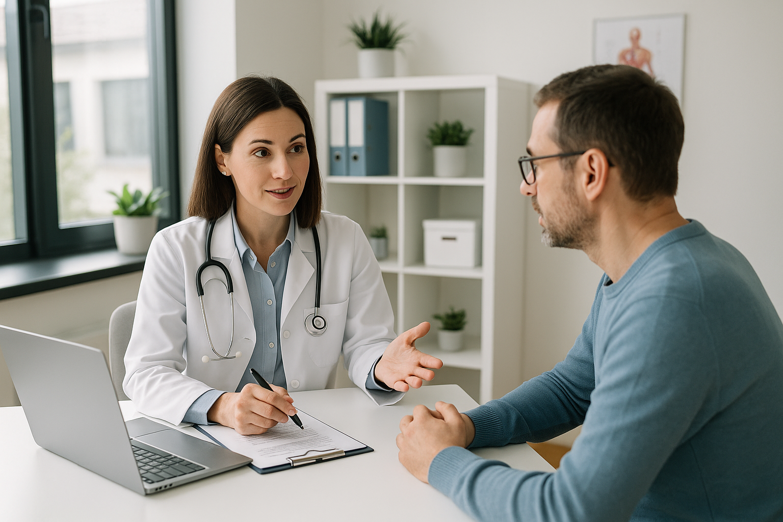 Healthcare professional consulting with patient in modern medical office, discussing health concerns, professional and reassuring atmosphere