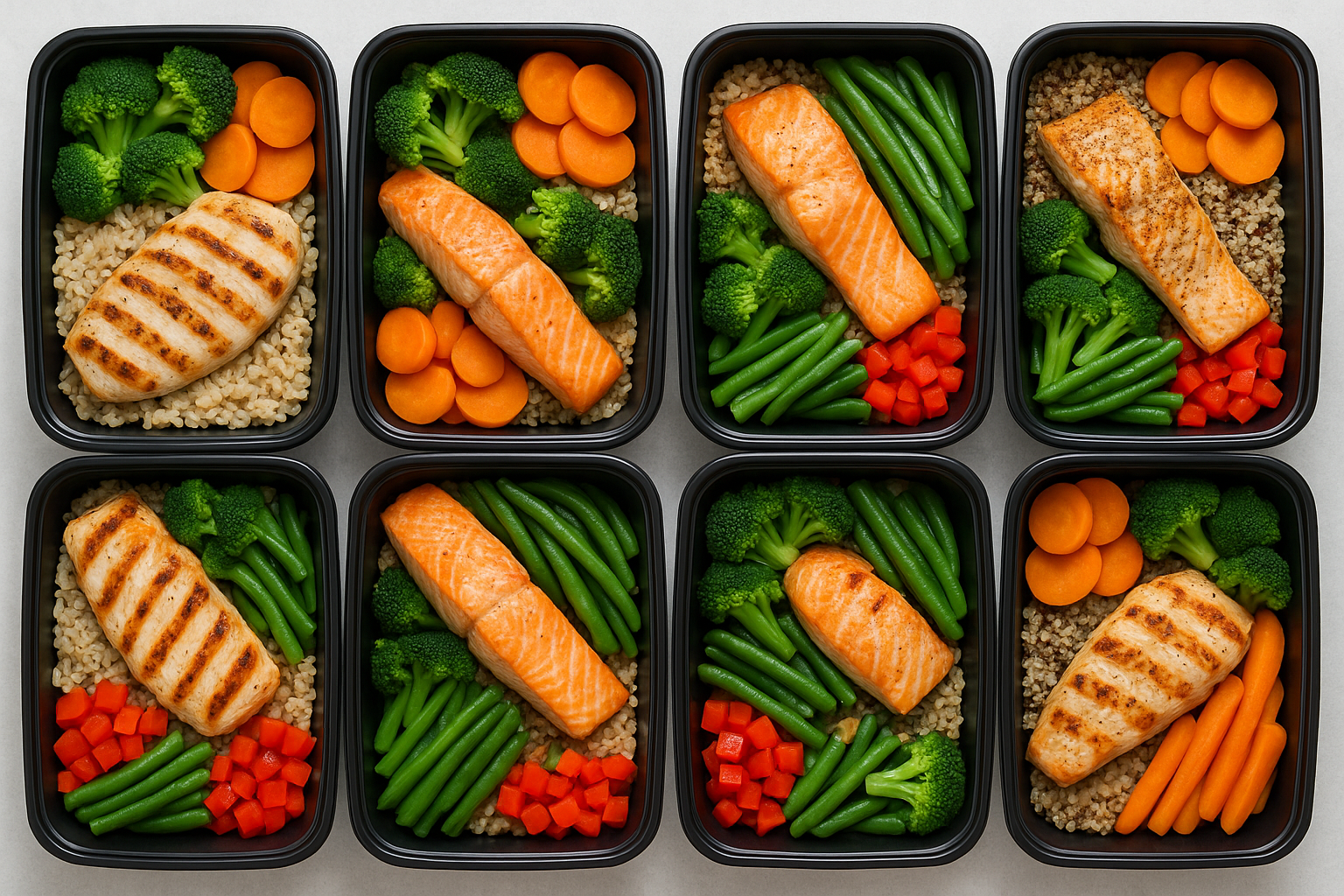 Organized meal prep containers with balanced, nutritious meals including proteins, vegetables, and whole grains, clean and appealing presentation, healthy lifestyle planning