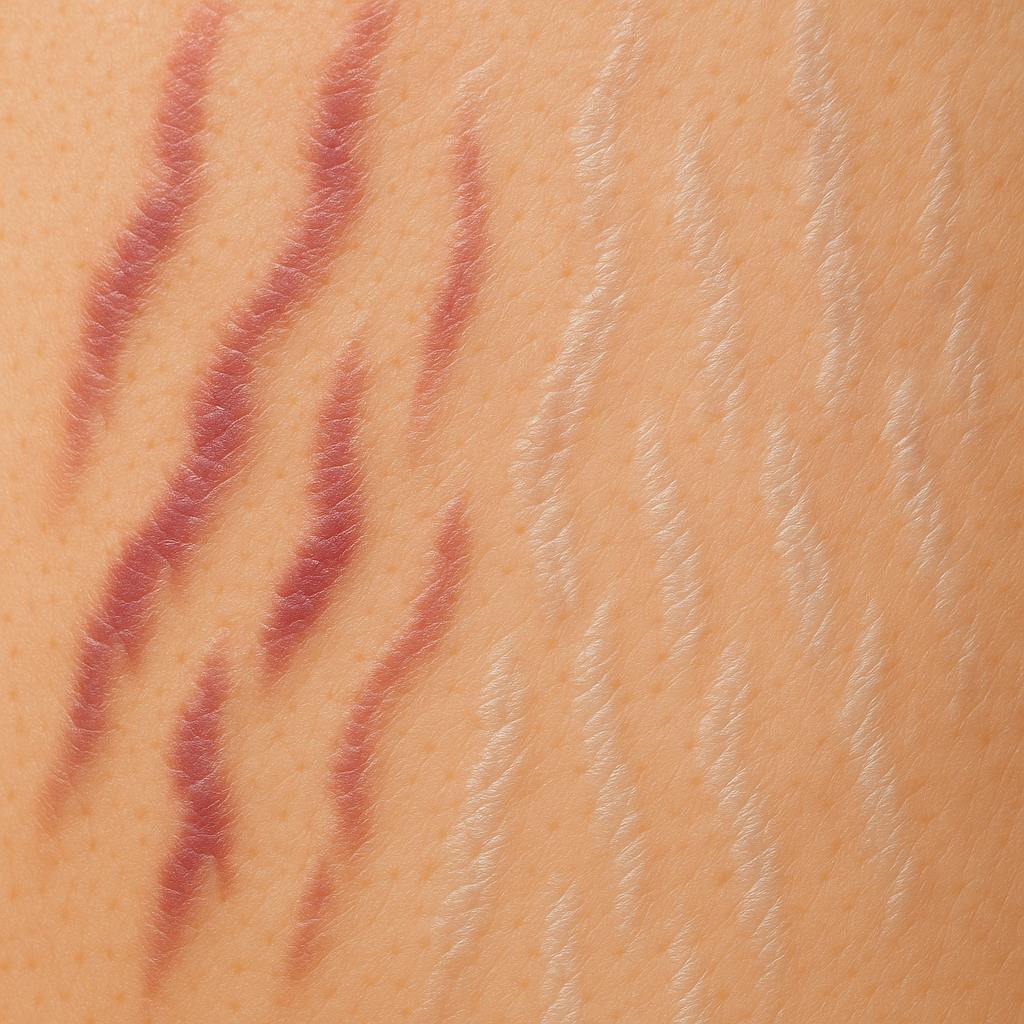 Close-up view of skin texture showing stretch marks in various stages of healing, from purple to silvery white, natural lighting, medical educational style