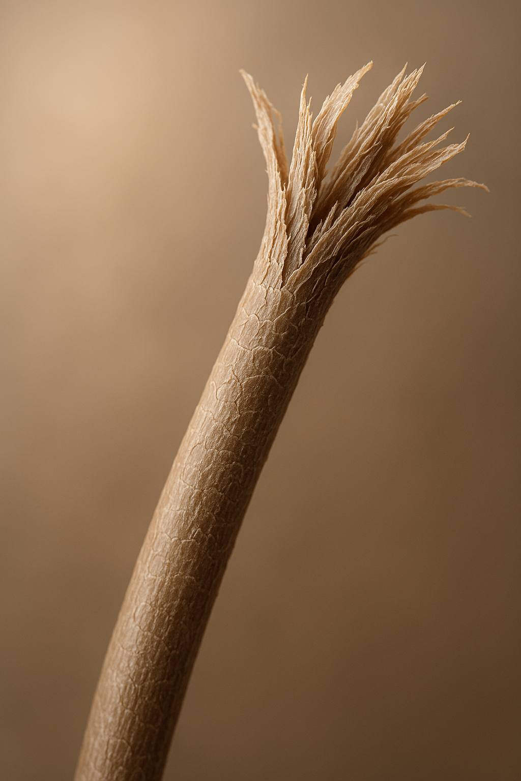 Close-up view of a hair strand showing split ends and damage under soft natural lighting, detailed and educational macro photography style