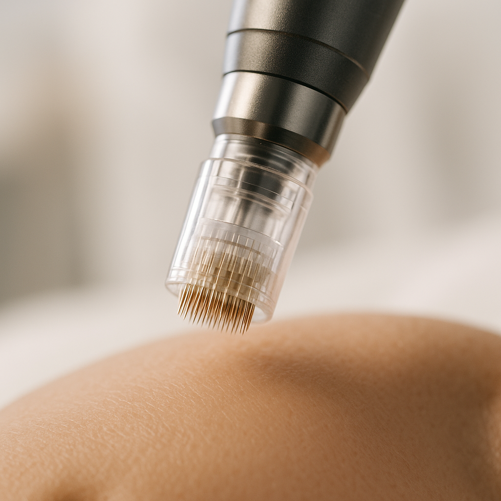 Close-up of a professional microneedling device with fine sterile needles positioned above healthy facial skin, clinical setting with soft lighting, medical aesthetic treatment concept