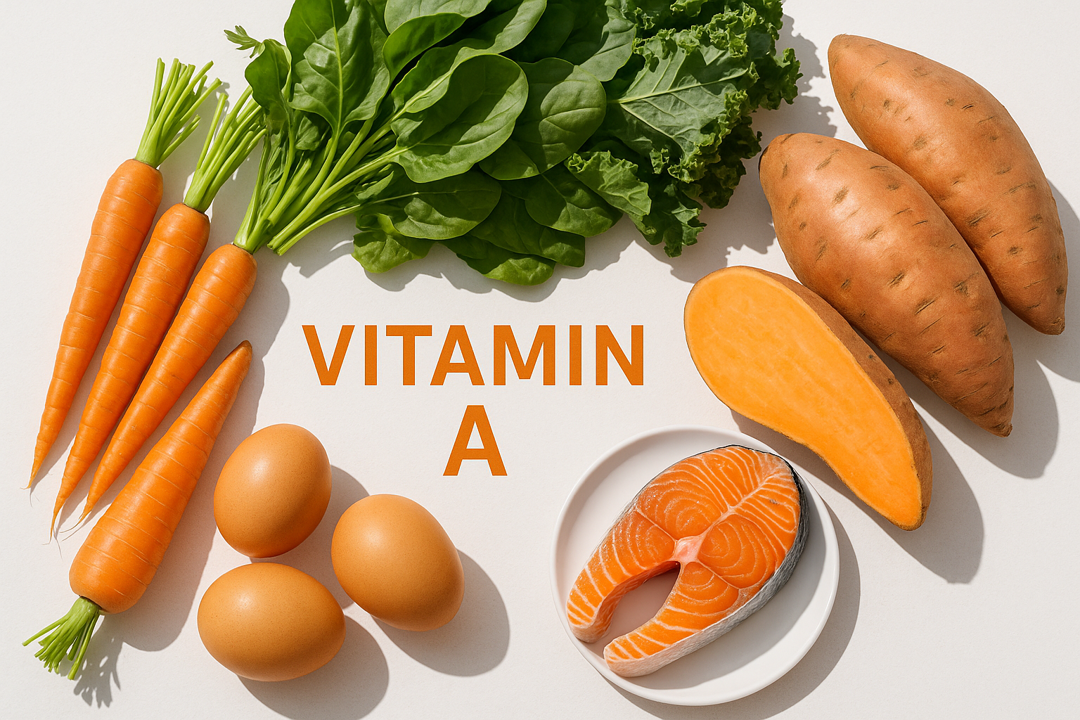 Arrangement of Vitamin A rich foods including carrots, sweet potatoes, leafy greens, eggs, and fish on a clean white surface, bright natural lighting, health and nutrition concept