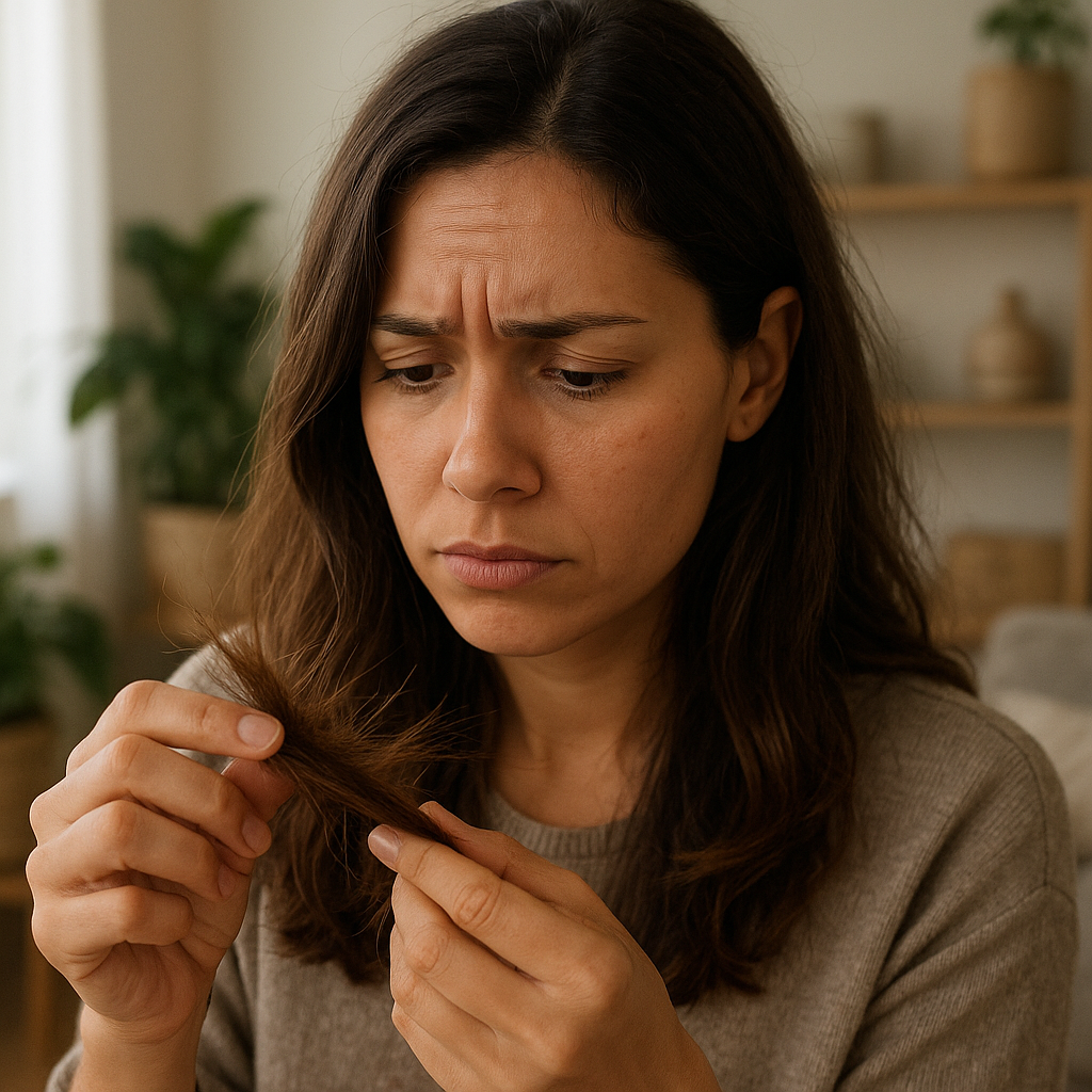 A person gently examining the ends of their hair with a concerned expression, natural indoor lighting, relatable and authentic lifestyle photography