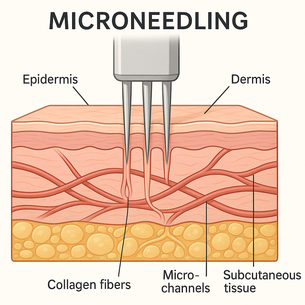 Detailed illustration showing skin layers with microneedles creating micro-channels, collagen fibers forming beneath the surface, educational medical diagram style with clean professional aesthetic