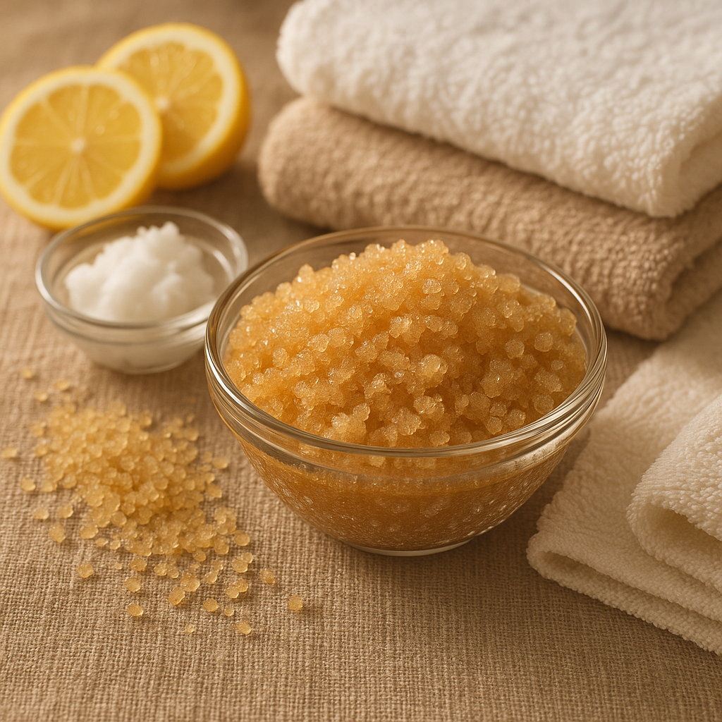 Homemade sugar scrub in a glass bowl with raw sugar crystals, coconut oil, and lemon slices arranged on a spa-like setting with soft towels, warm natural lighting