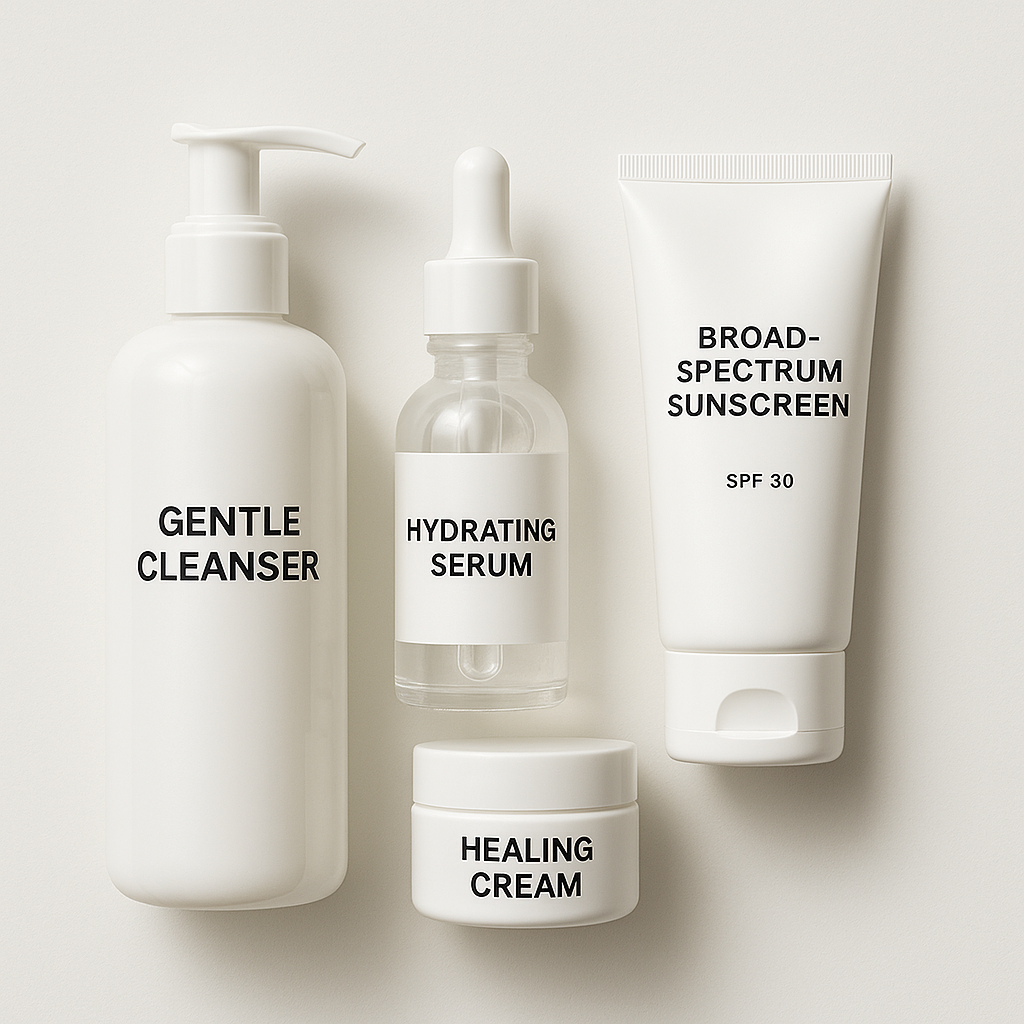 Flat lay of post-microneedling skincare products including gentle cleanser, hydrating serum, broad-spectrum sunscreen, and healing cream arranged on a clean white surface, minimalist medical aesthetic photography