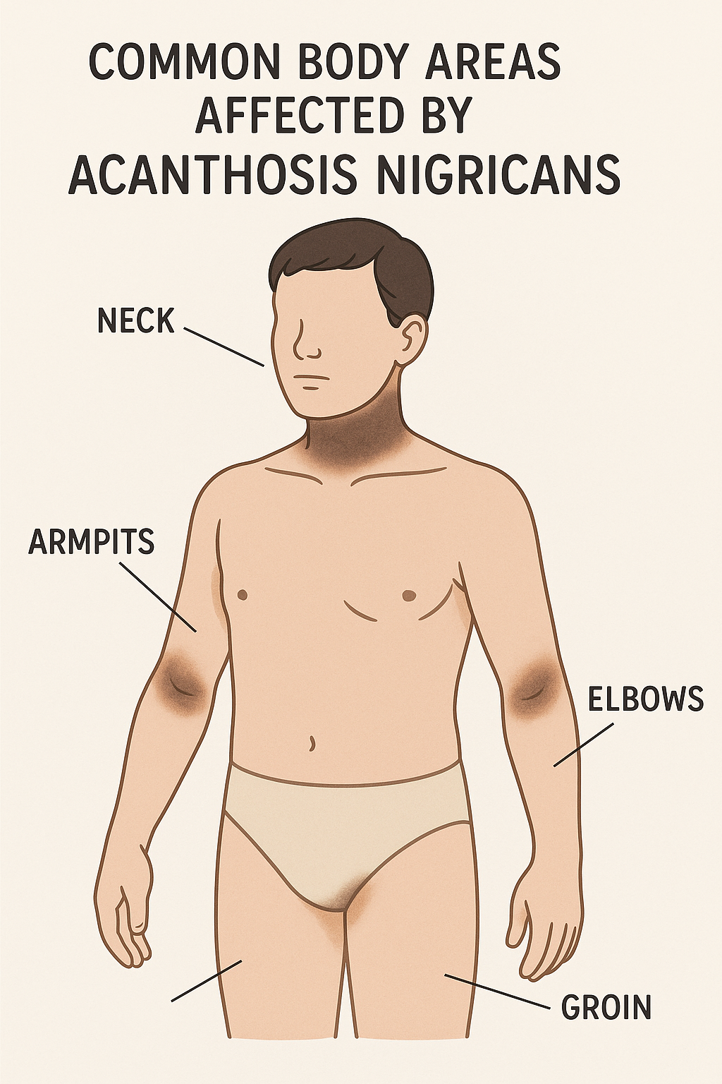 Anatomical illustration showing common body areas affected by Acanthosis Nigricans including neck, armpits, elbows, and groin, medical diagram style, clean and educational