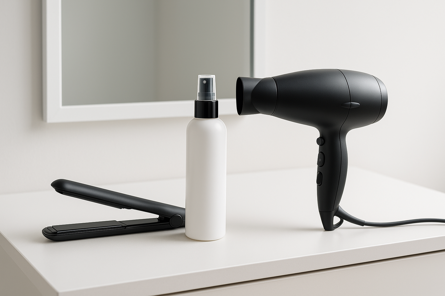 A flat iron and blow dryer placed on a vanity table with a heat protectant spray bottle, clean and modern styling setup, professional product photography style