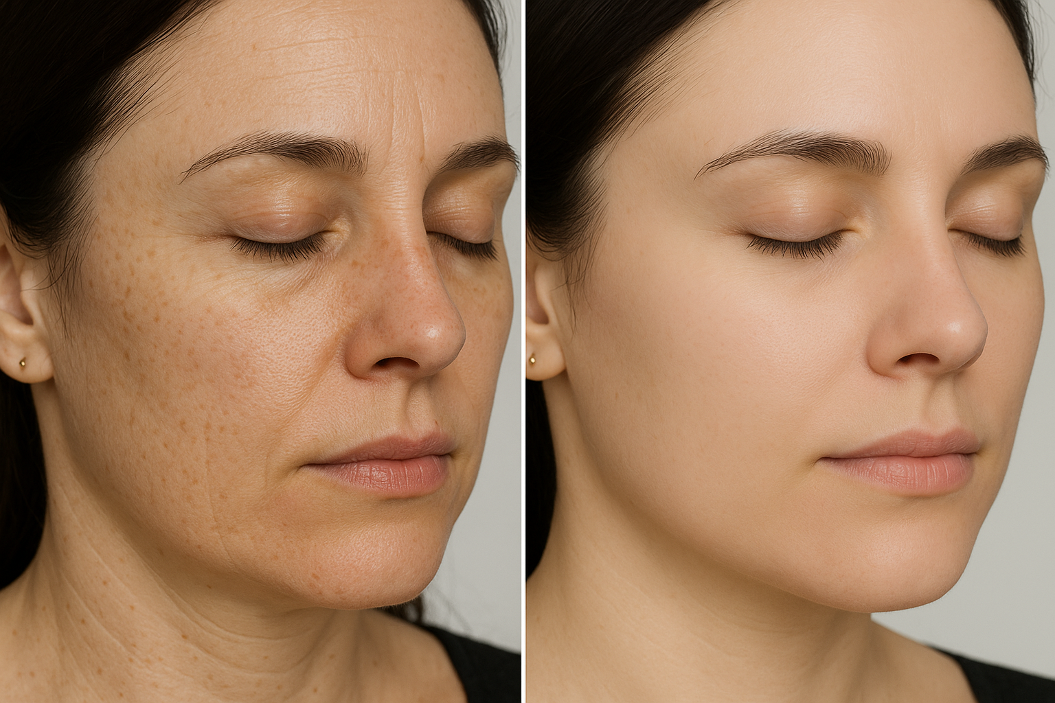 Before and after comparison showing improved skin texture, reduced fine lines, and more even skin tone, split-screen professional dermatology photography with neutral lighting