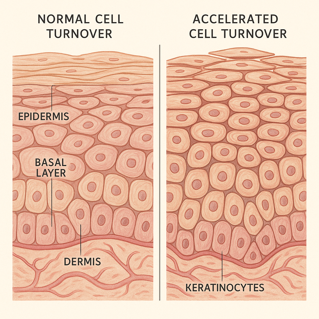 Scientific illustration of skin cell layers showing normal versus accelerated cell growth patterns, microscopic view, educational medical graphic, clear labeling
