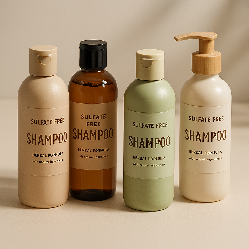 A collection of sulfate-free shampoo bottles arranged on a clean surface, natural and organic aesthetic, soft studio lighting, product display style