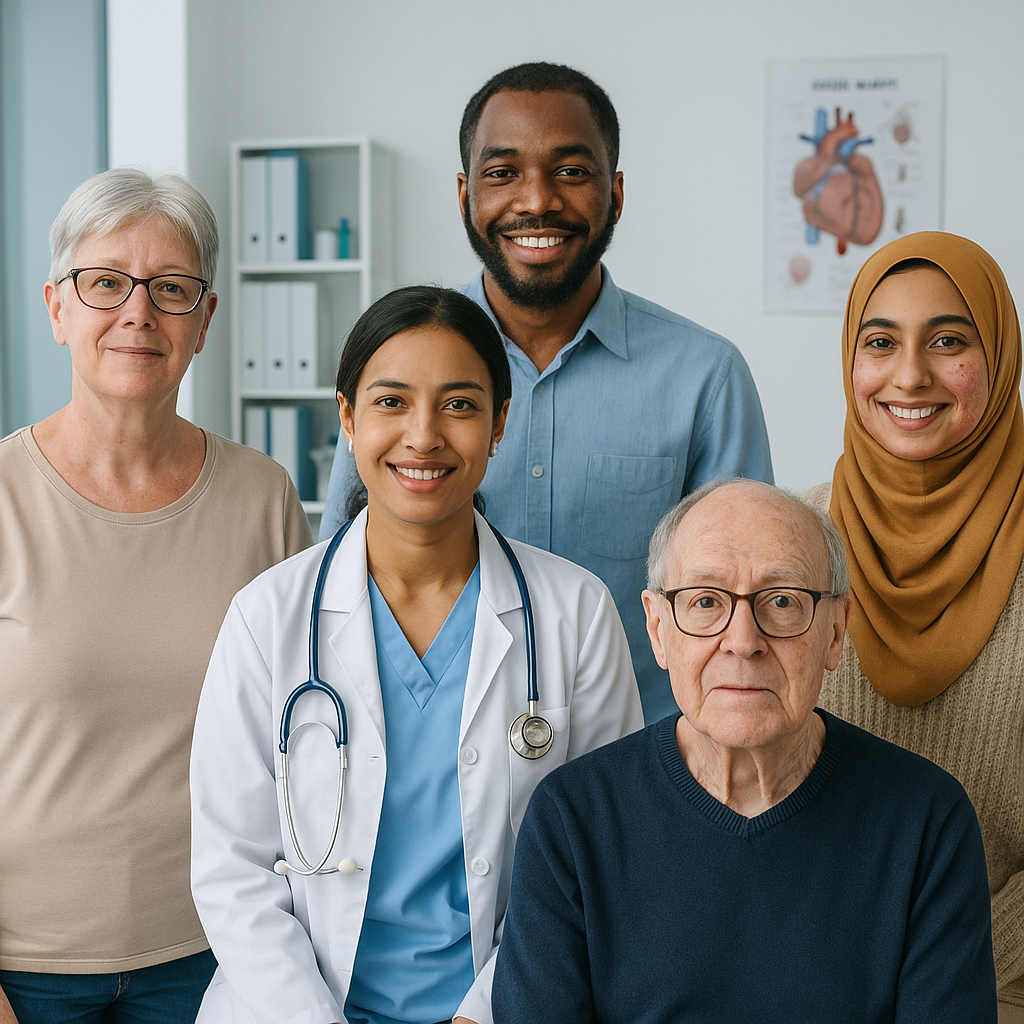 Diverse group of people of different ages and backgrounds in a healthcare setting, representing the global nature of skin conditions, professional medical environment, inclusive and modern