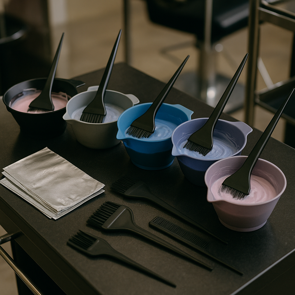 Hair coloring tools and bowls with dye on a salon counter, professional hairstyling environment, realistic and detailed photography