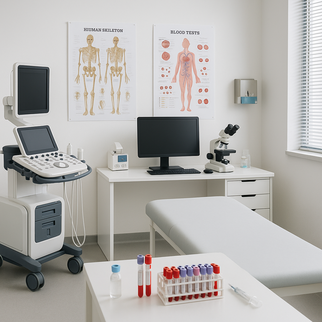 Modern medical examination room with diagnostic equipment, blood testing materials, and medical charts, professional healthcare setting, clean and contemporary