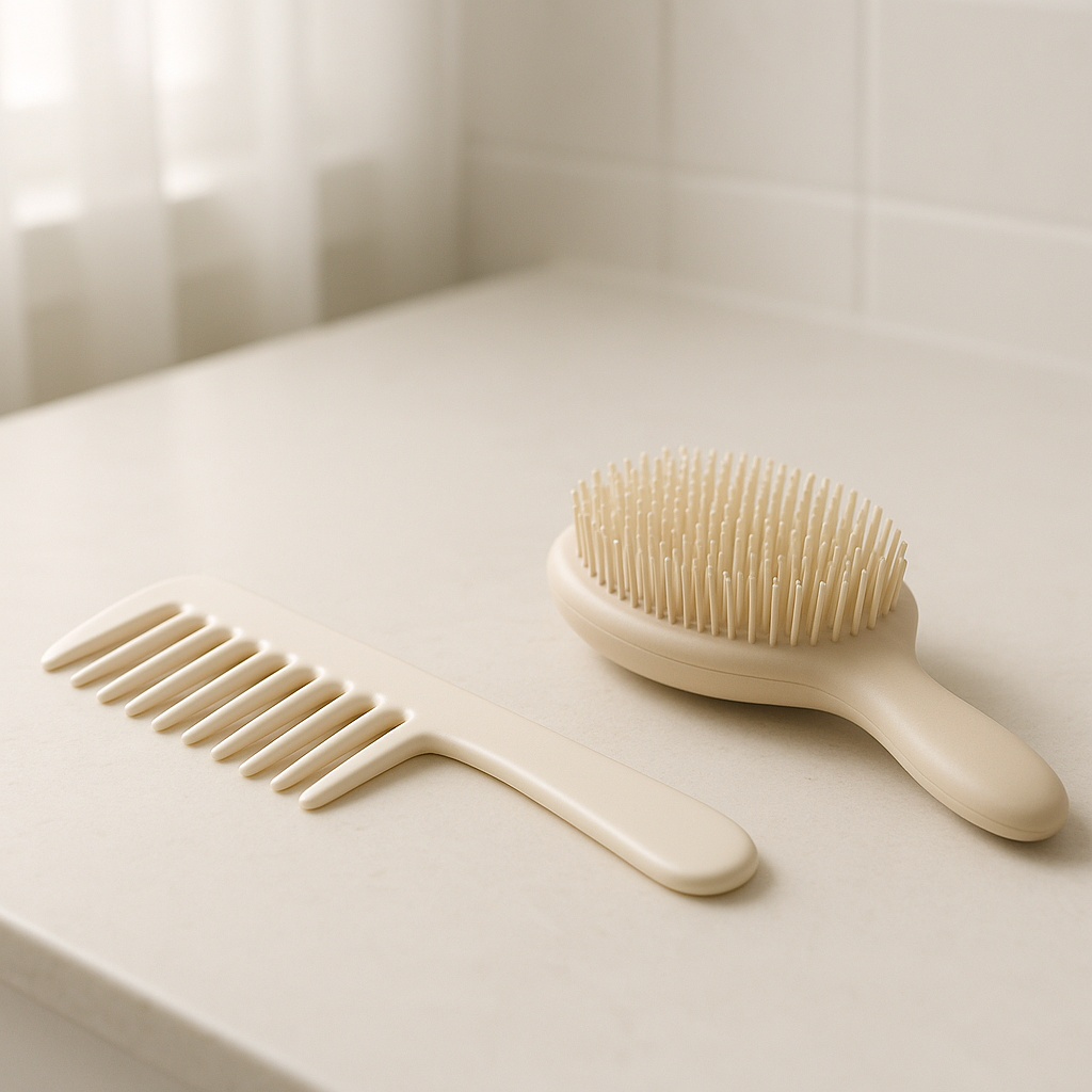 A wide-tooth comb and a gentle detangling brush on a bathroom counter, soft natural light, clean and minimal product styling