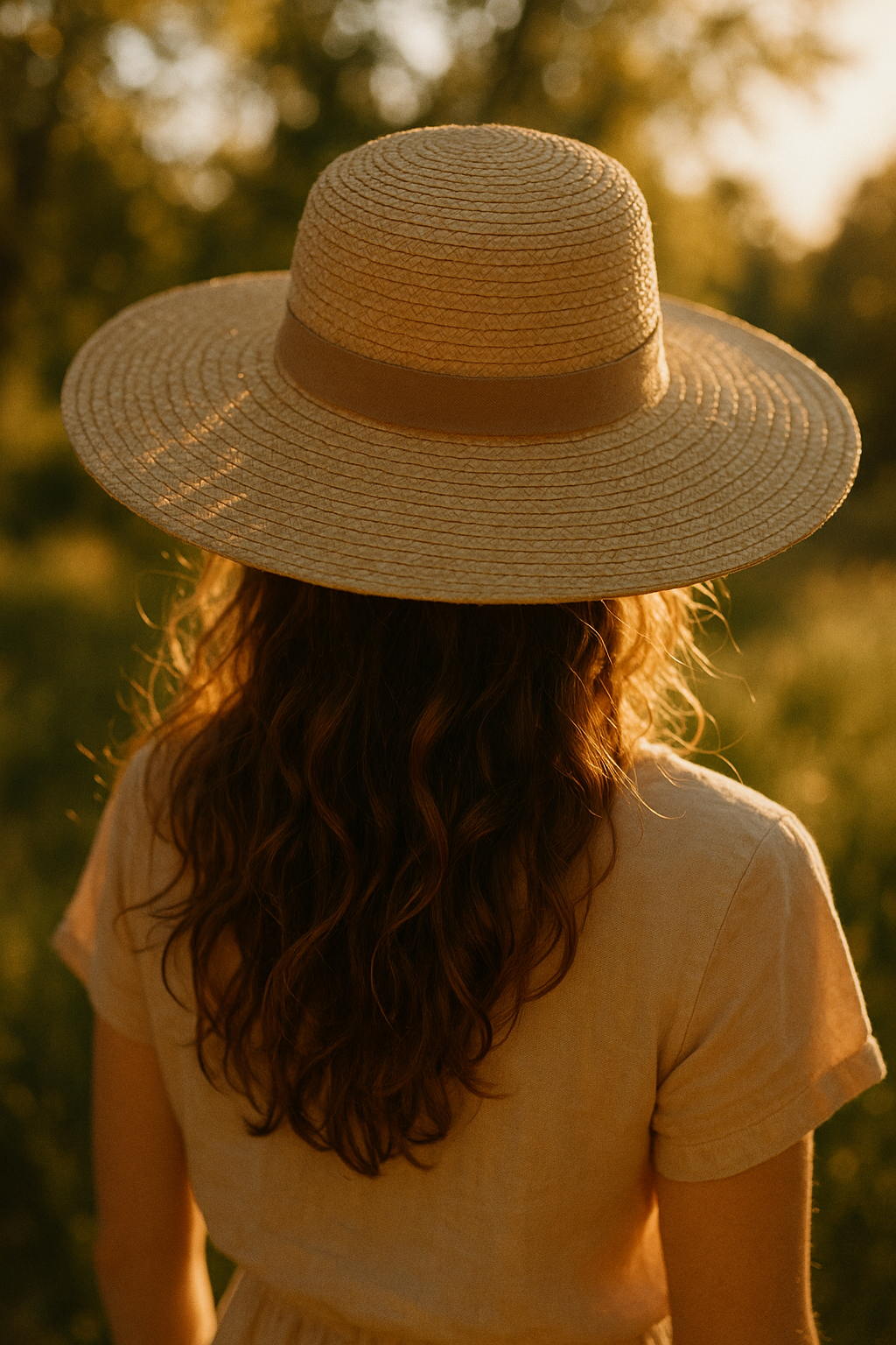 A person wearing a wide-brimmed hat outdoors with sunlight filtering through, hair protection and sun safety concept, lifestyle photography with warm natural tones