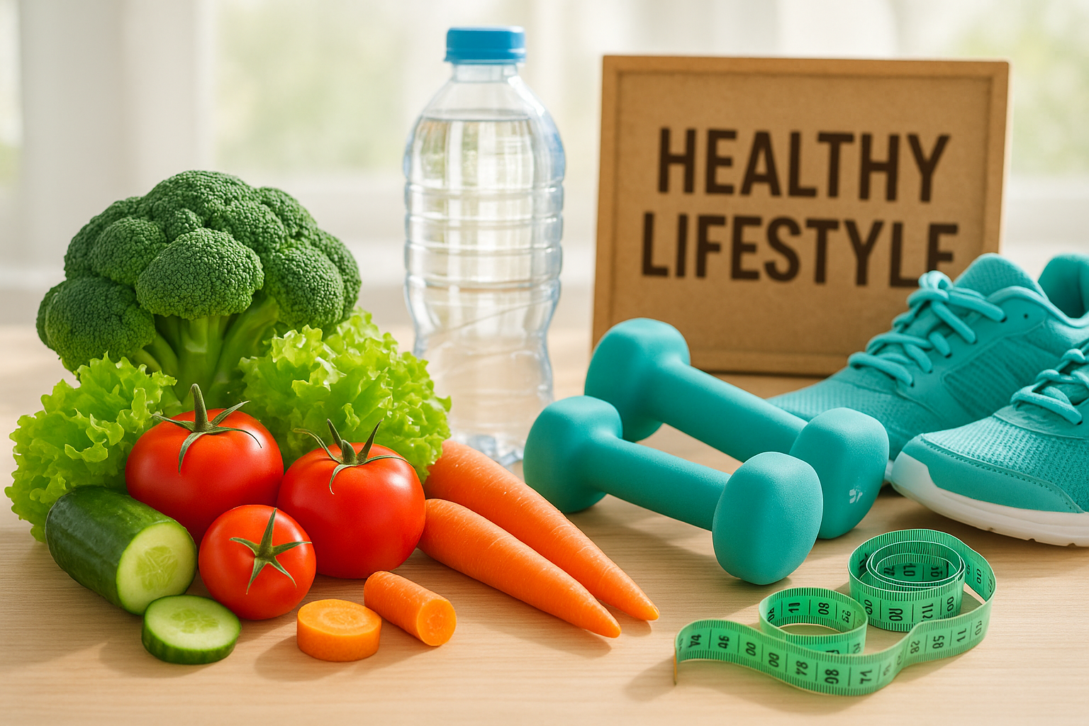 Healthy lifestyle composition showing fresh vegetables, exercise equipment, and wellness items, bright natural lighting, motivational and positive atmosphere