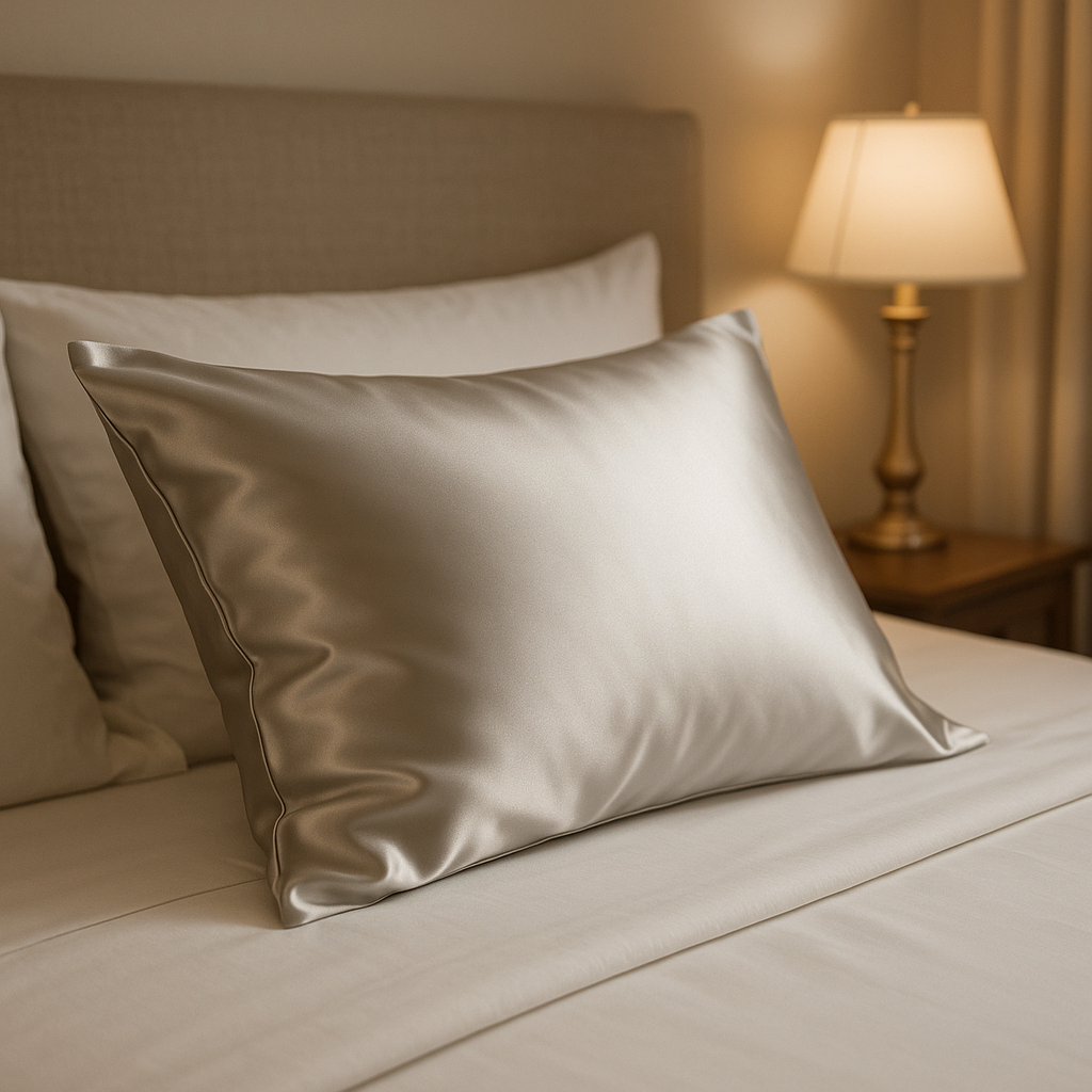 A silk or satin pillowcase on a neatly made bed, luxurious and smooth texture, soft bedroom lighting, elegant home decor style