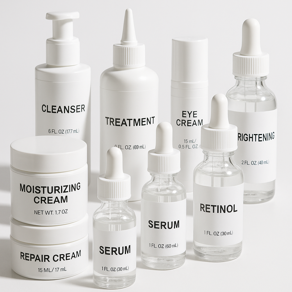 Array of medical-grade skincare products including creams, serums, and treatment bottles arranged on a clean white surface, professional pharmaceutical photography, clear product visibility