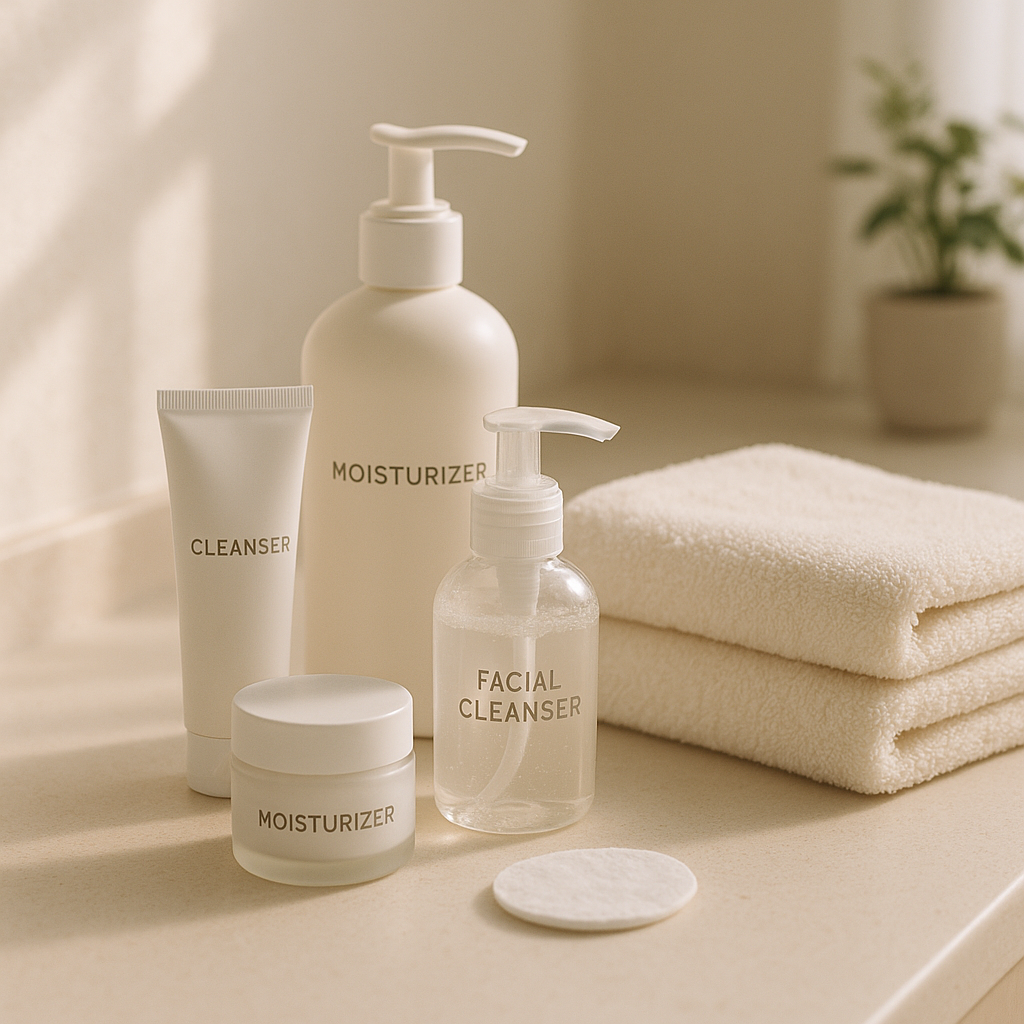 Gentle skincare routine setup with moisturizers, mild cleansers, and soft towels on a bathroom counter, soft natural lighting, spa-like atmosphere, self-care concept