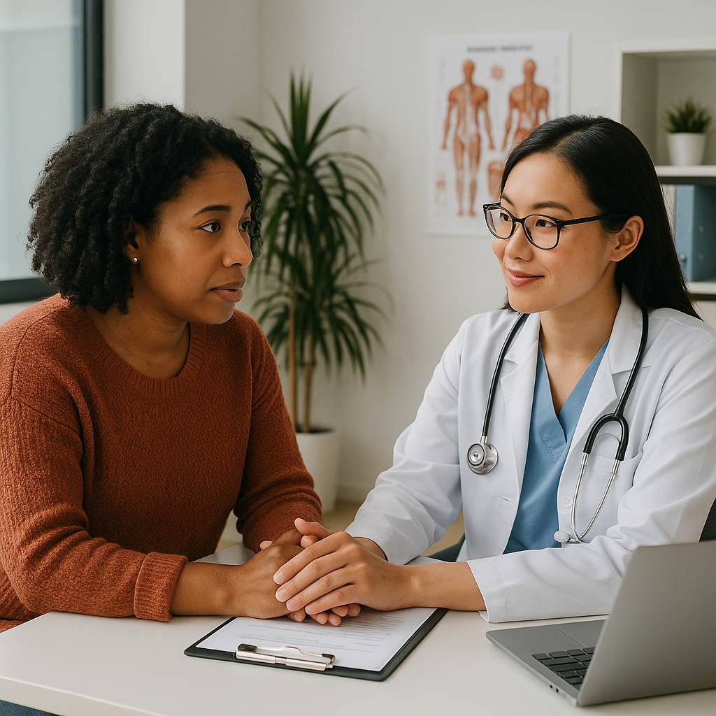 Person consulting with healthcare professional in modern medical office, supportive and professional atmosphere, diverse and inclusive representation, reassuring healthcare environment