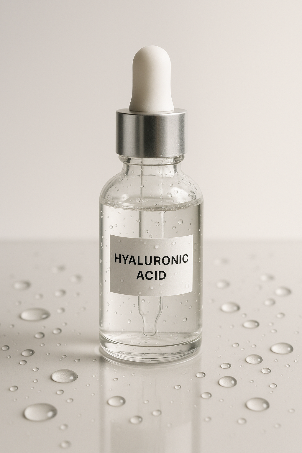 Clear serum dropper bottle with hyaluronic acid on a reflective surface, water droplets around it representing hydration, minimalist professional skincare photography, soft lighting