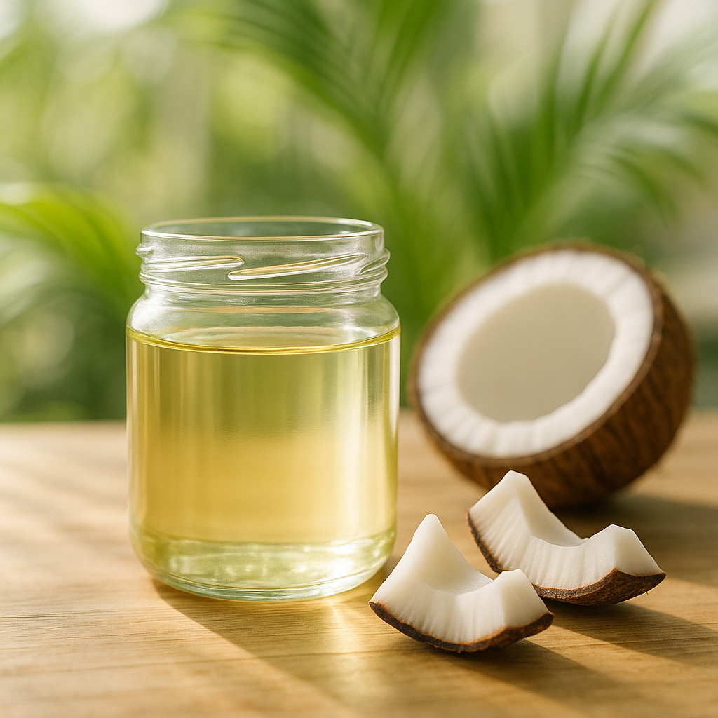 Virgin coconut oil in a clear jar with coconut pieces beside it, on a natural wood surface, tropical wellness theme, bright natural lighting, spa-like atmosphere
