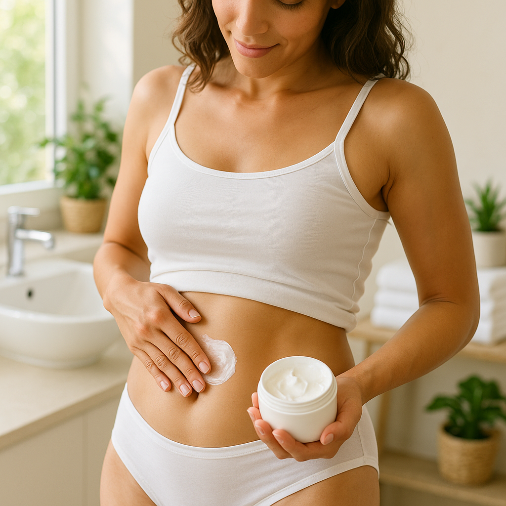 Woman applying moisturizing cream to abdomen in a self-care routine, healthy lifestyle concept, bright natural bathroom setting, wellness and prevention theme