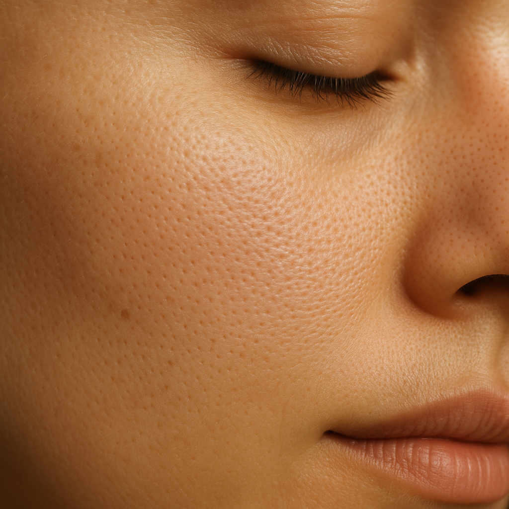 Close-up view of healthy facial skin showing natural pores, soft lighting, clean and detailed macro photography emphasizing skin texture and natural beauty