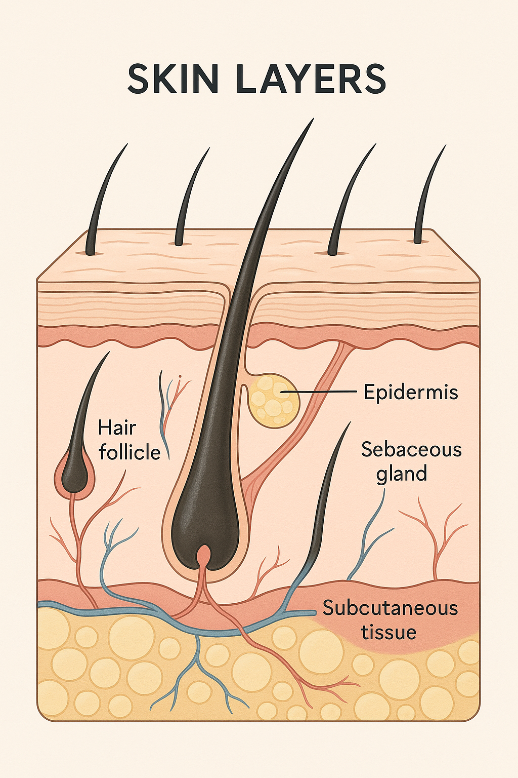 Scientific illustration showing cross-section of skin layers with hair follicles and sebaceous glands, educational medical diagram style, clean and professional presentation