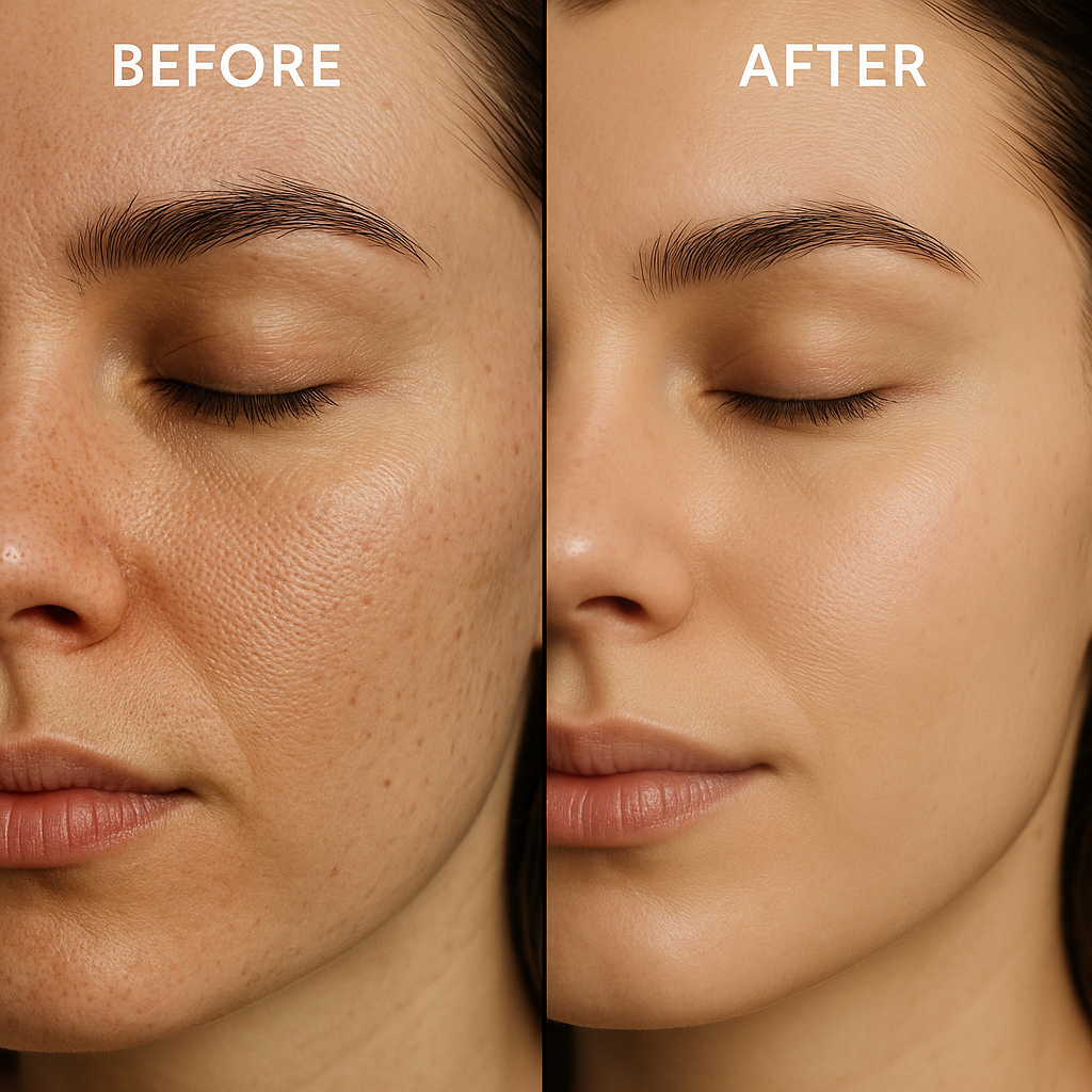 Before and after comparison showing skin texture improvement, split-screen professional beauty photography, natural lighting, focus on skin pores and overall complexion