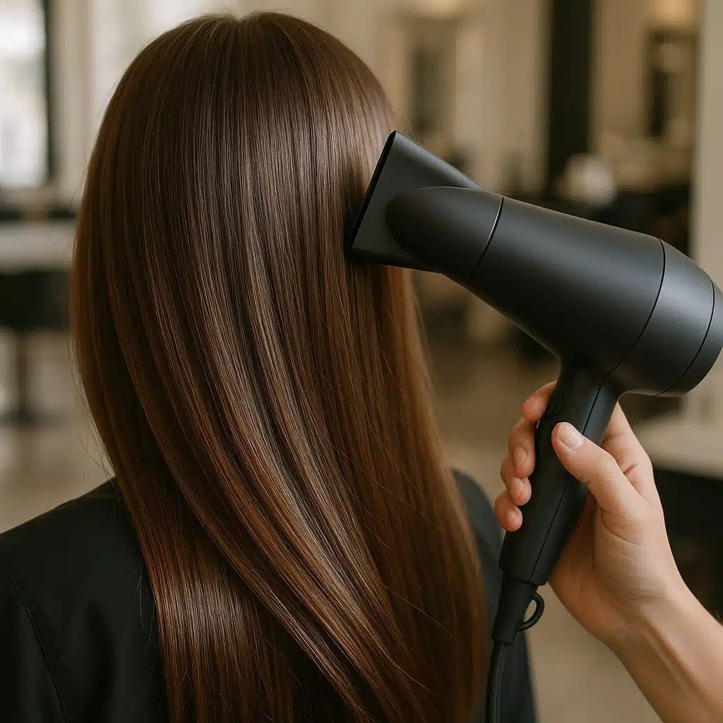 Close-up of healthy, shiny hair being gently dried with a modern hair dryer, professional salon setting, soft natural lighting, focus on hair texture and shine